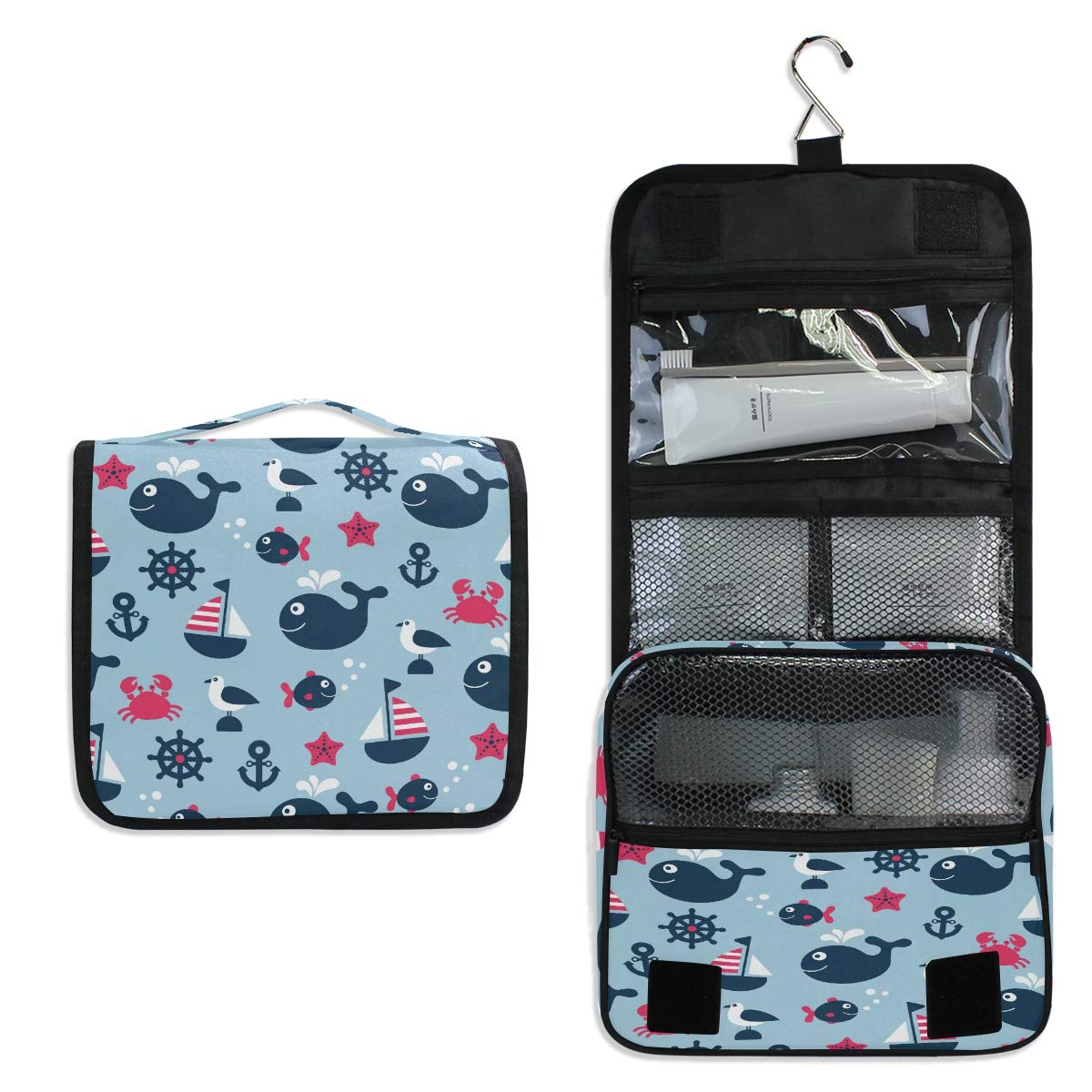 AGONA Hanging Toiletry Bag for Women - Waterproof Travel Cosmetic Organizer with Sturdy Hook, Nautical Whale Fish Design - Perfect for Bathroom, Camping & Vacation Essentials Storage