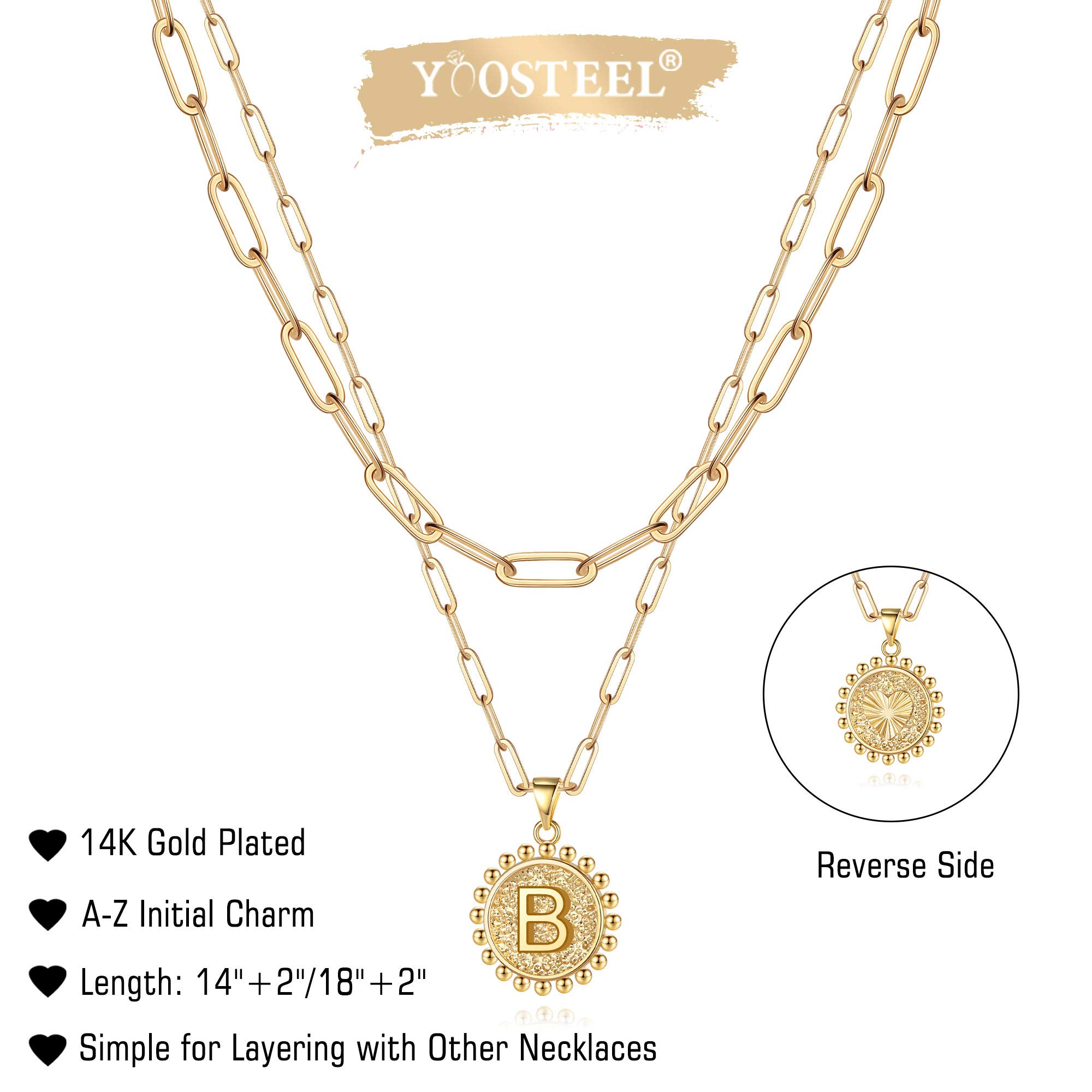 Yoosteel 14K Gold Plated Initial Necklace for Women - Personalized Dainty Paperclip Link Chain Layering Necklace, Easter Basket Stuffers Gifts | Perfect for Everyday Wear, Layering & Special Occasions