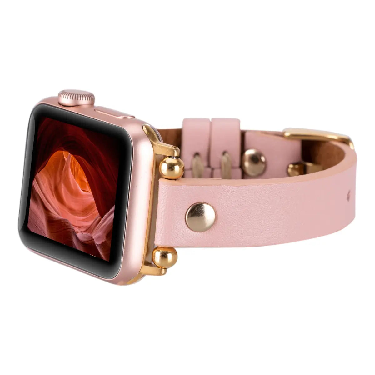 Pink Leather Ultra Slim Apple Watch Band with Gold Rivet - Stylish & Lightweight Replacement Strap for Women & Men - Perfect for Workouts, Office & Everyday Wear