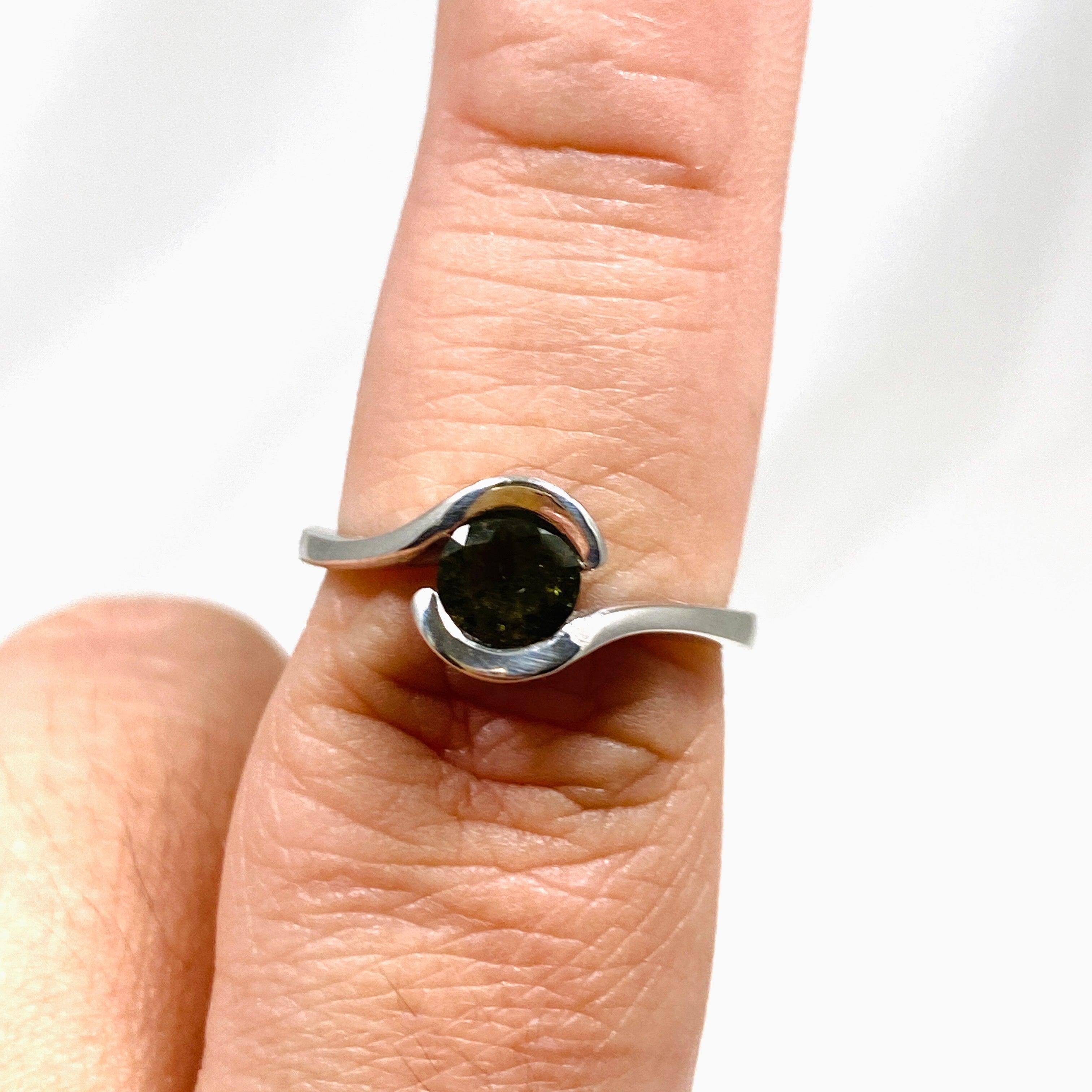 6mm Moldavite Gemstone Solitaire Ring in Sterling Silver - IVMR 03 | Elegant Bohemian Jewelry for Women, Perfect for Spiritual Healing & Special Occasions
