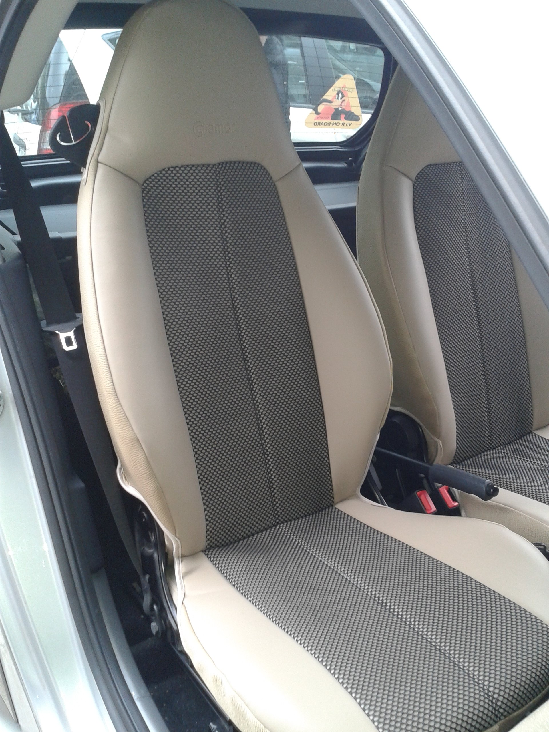 Custom Fit Smart Fortwo 2015-453 Leatherette & Two-Tone Synthetic Fishnet Car Seat Covers with Side Belt Clip - Beige/Black | Premium Protection & Comfort for Daily Commute, Road Trips & City Driving