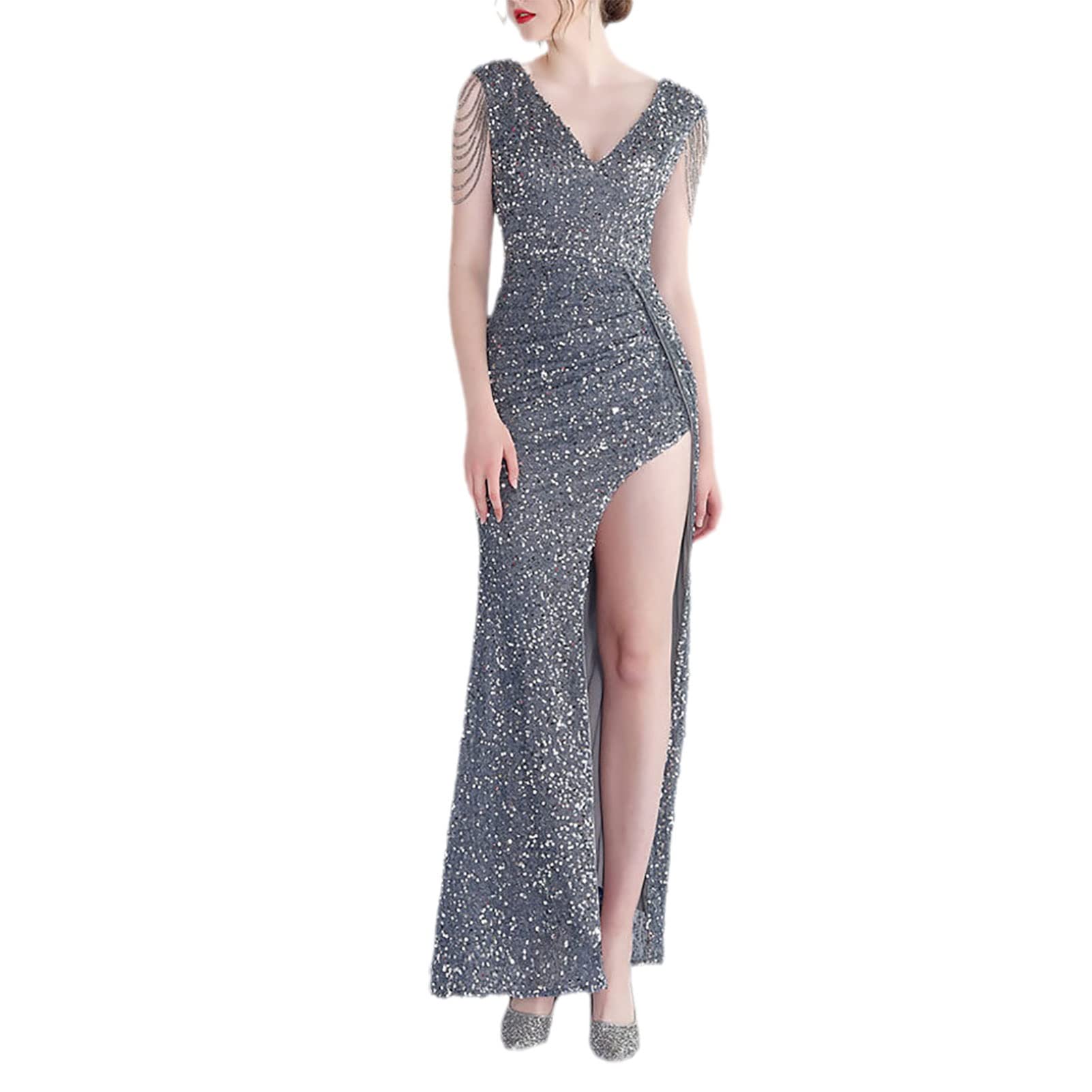Elegant Sequin Evening Party Dress for Women - Sexy Side Split Sleeveless Bodycon Maxi Prom Gown for Club, Formal Events & Special Occasions (Color: B, Size: XX-Large) - Perfect for Cocktail Parties, Weddings & Night Out