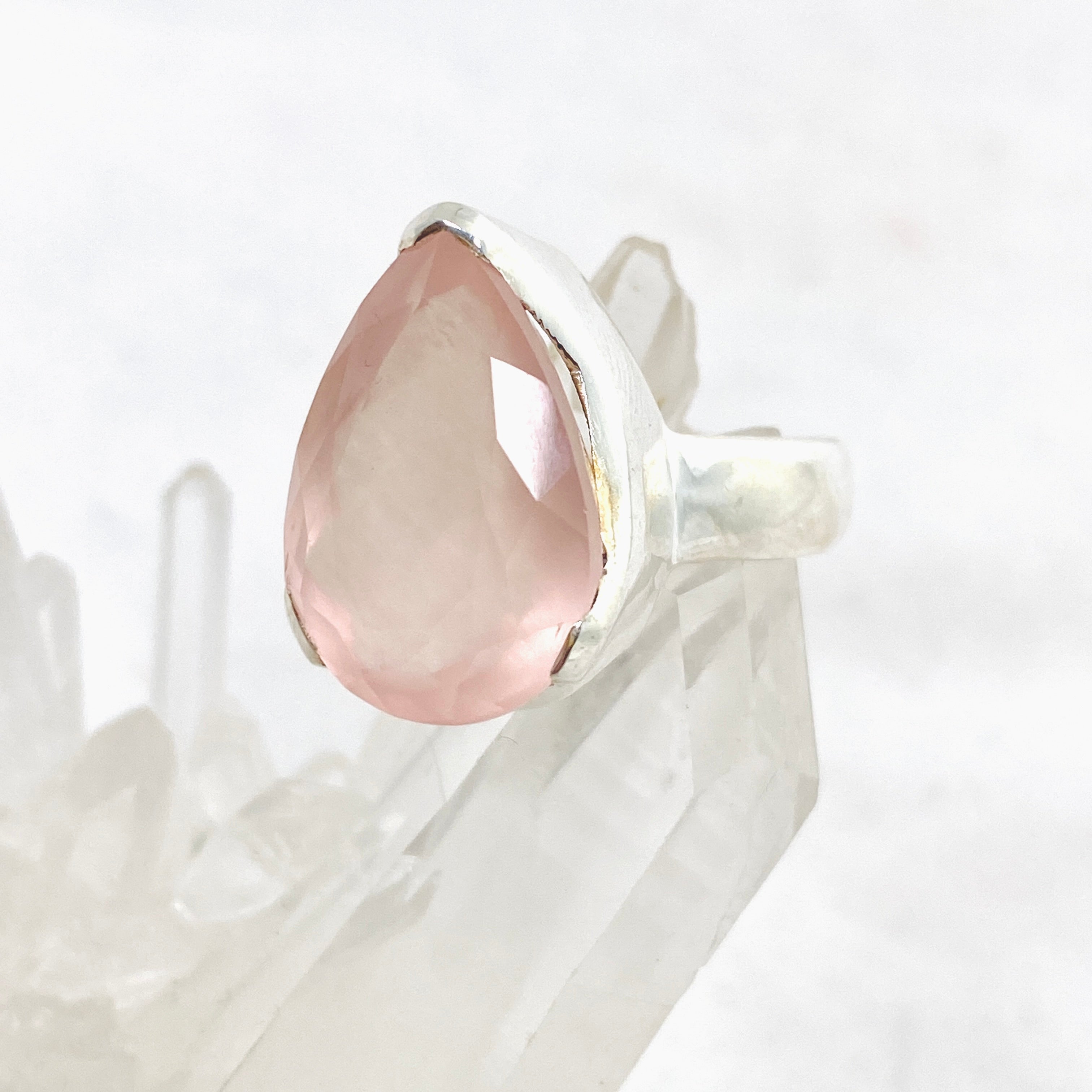 Rose Quartz Teardrop Faceted Ring - Size 7 - KRGJ3322 - Elegant Jewelry for Women, Wedding Gift, Spiritual Healing & Everyday Wear