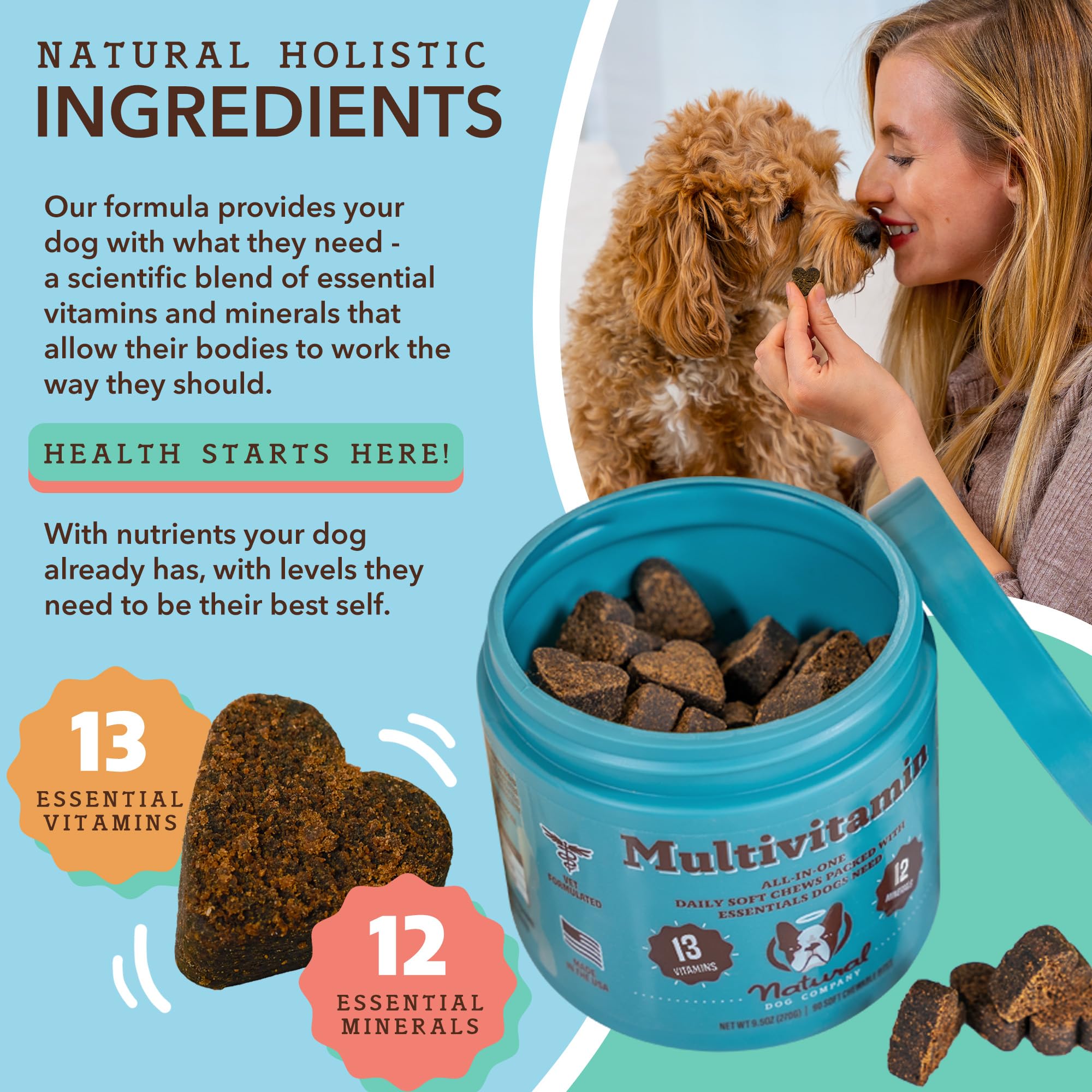 Natural Dog Company Multivitamin Chews (90 Count) - Peanut Butter & Bacon Flavor Dog Vitamins for All Ages & Breeds - Immune Support & Antioxidant Supplement - Perfect for Daily Health Maintenance & Active Dogs
