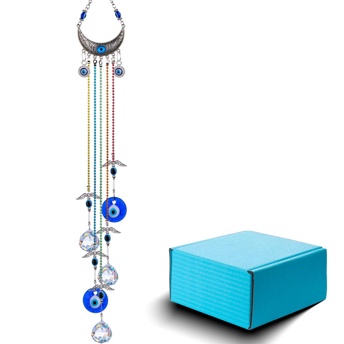 20 Inch Blue Evil Eye Hanging Crystal Suncatcher with Chakra Energy Crystal Ball Prism - Rainbow Maker Window Decor for Home Protection & Positive Energy | Perfect for Living Room, Bedroom, Office & Meditation Spaces