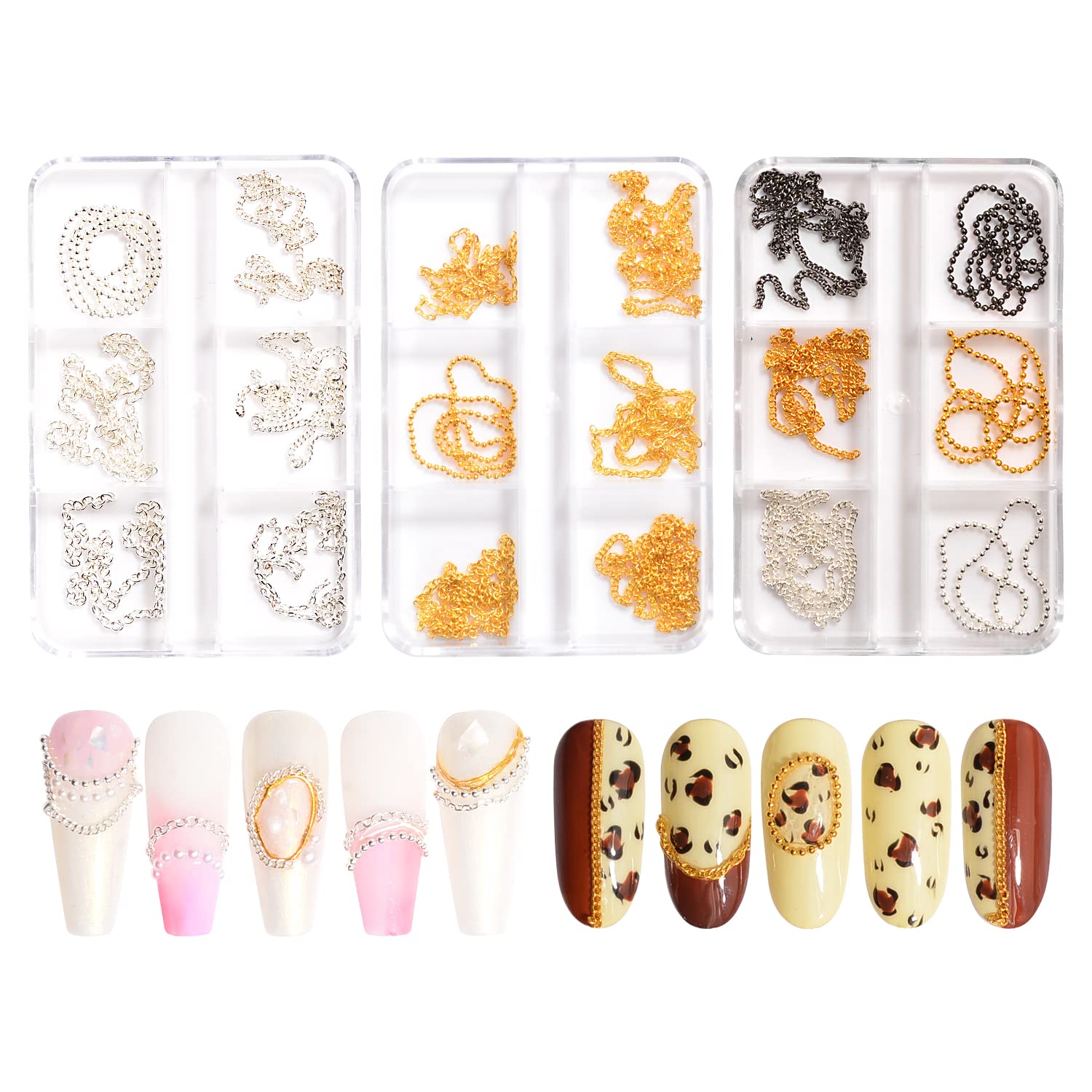 6 Strips 3D Metal Nail Art Chains - Gold Punk Nail Studs & Beads for Nail Art Decoration | DIY Manicure Jewelry Accessories for Punk, Gothic & Party Nail Designs