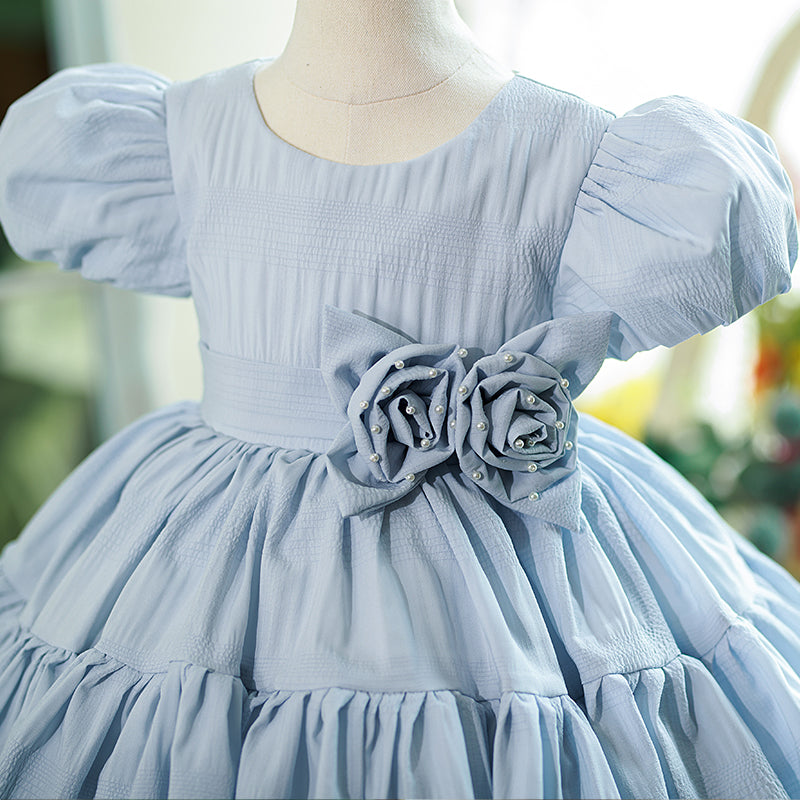 Elegant Dusty Blue Satin Flower Girl Dress with Pleated Skirt - Perfect for Weddings, Pageants & Special Occasions