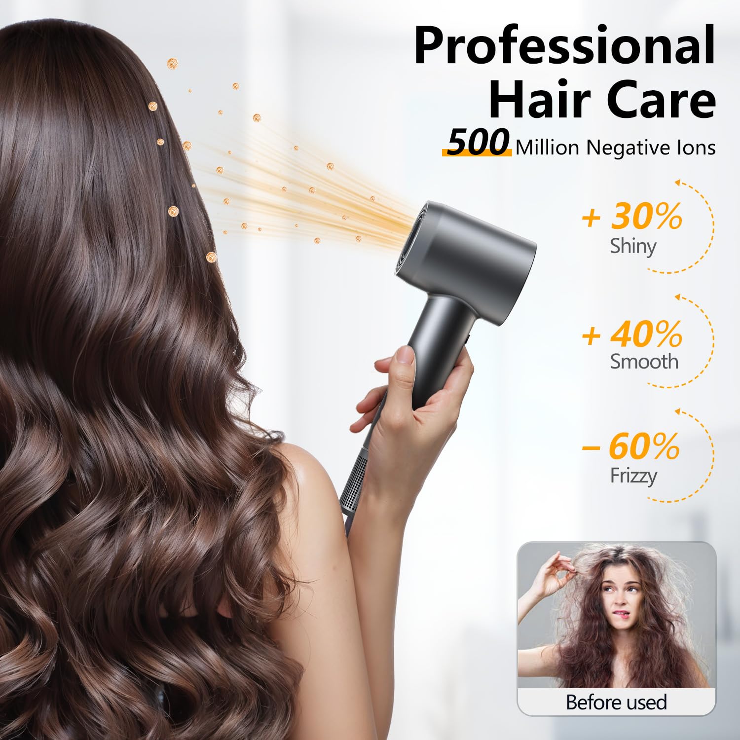 Professional 160,000 RPM High-Speed Hair Dryer with 500 Million Negative Ions - Fast Drying, Low Noise & Thermo-Control - Includes Magnetic Diffuser & Nozzle (Gray) - Perfect for Salon, Home & Travel Use