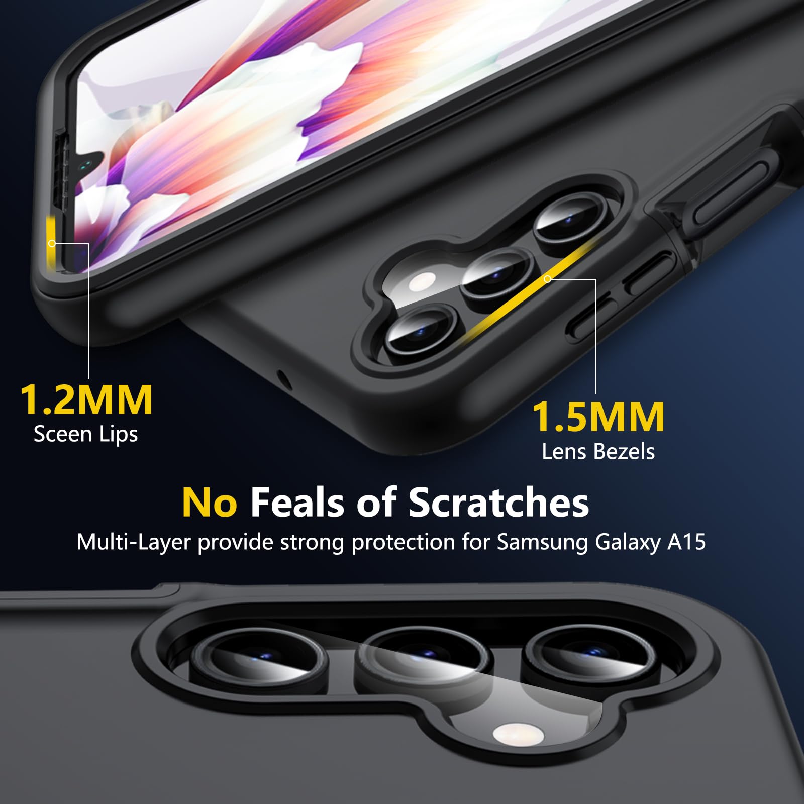 OWKEY Samsung Galaxy A15 4G/5G Phone Case - Military Grade Drop Protection, 360° Full Body Rugged Silicone Bumper with Built-in 9H Tempered Glass Screen Protector | Shockproof Protective Cover for Samsung A15 (Black) | Perfect for Outdoor Activities, Work & Daily Use