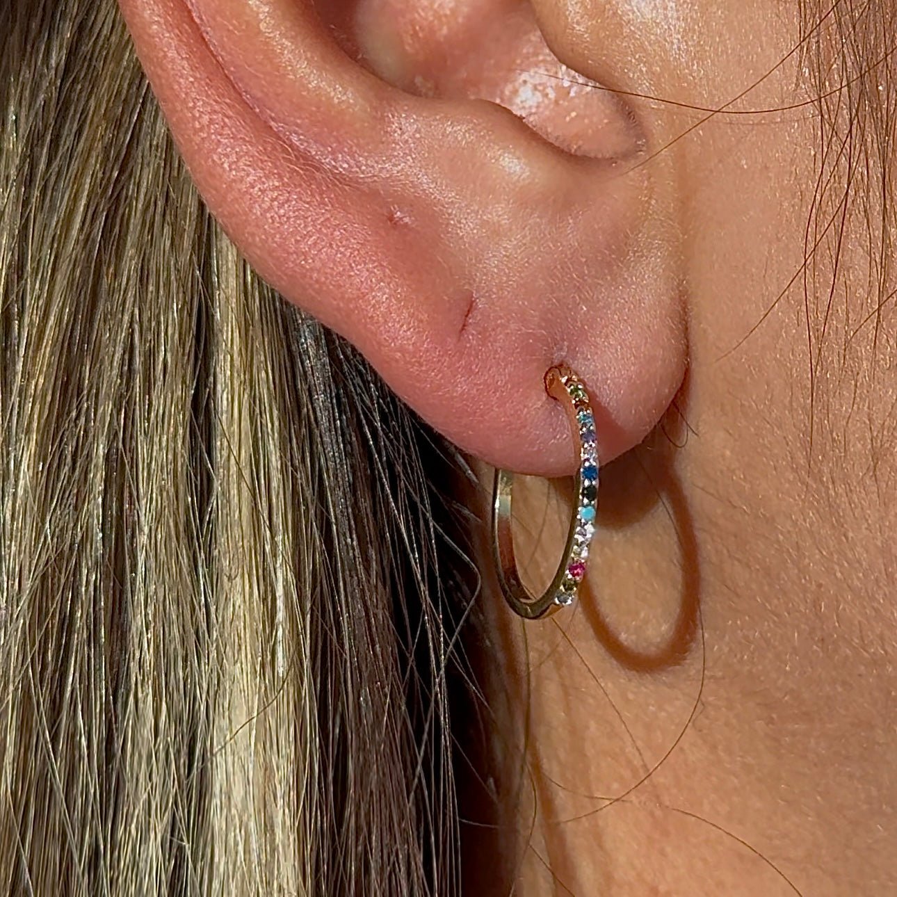 14K Yellow Gold Rainbow Pavé Studded Hoop Earrings - Dainty & Elegant Jewelry for Women - Perfect for Parties, Weddings & Everyday Wear