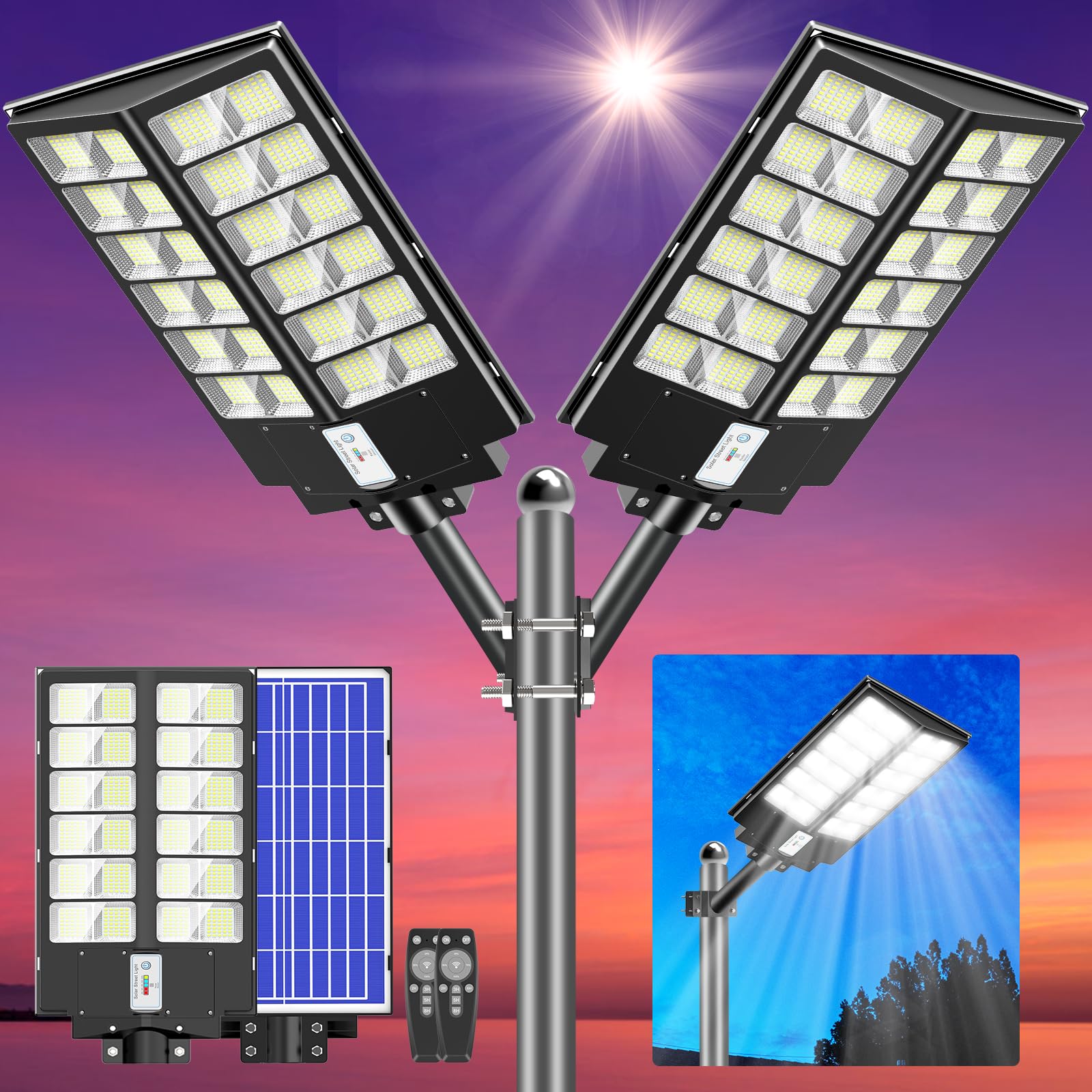 CEDIO 4800W 300000LM Solar Street Lights Outdoor Waterproof - Commercial Solar Parking Lot Lights with Motion Sensor, Dusk to Dawn LED Solar Flood Lights (2 Pack) - Perfect for Driveways, Pathways, and Large Area Lighting