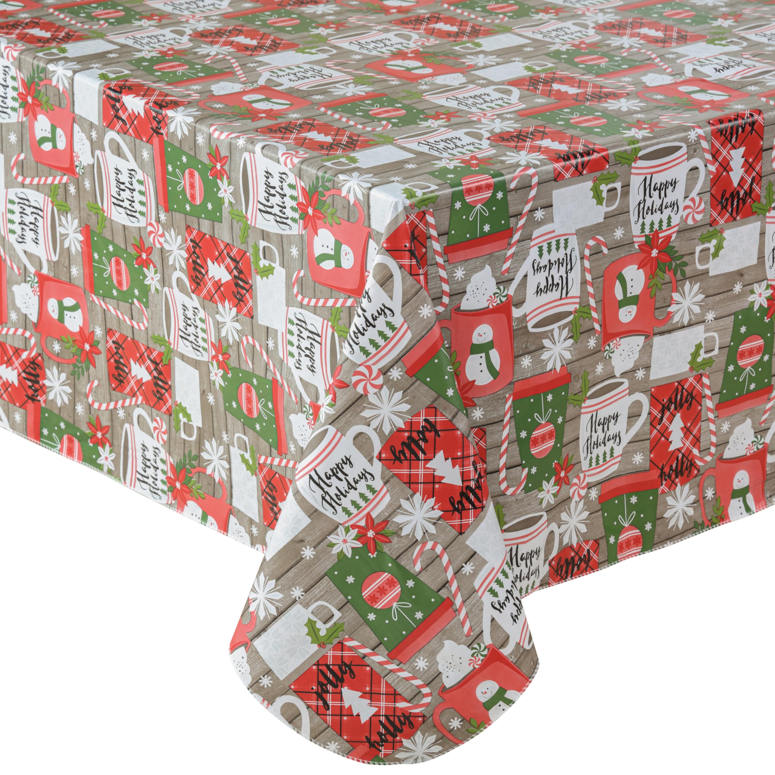 Festive Christmas Tablecloth - Jolly Holiday Candy Cane Print Flannel Back Vinyl Table Cover (60