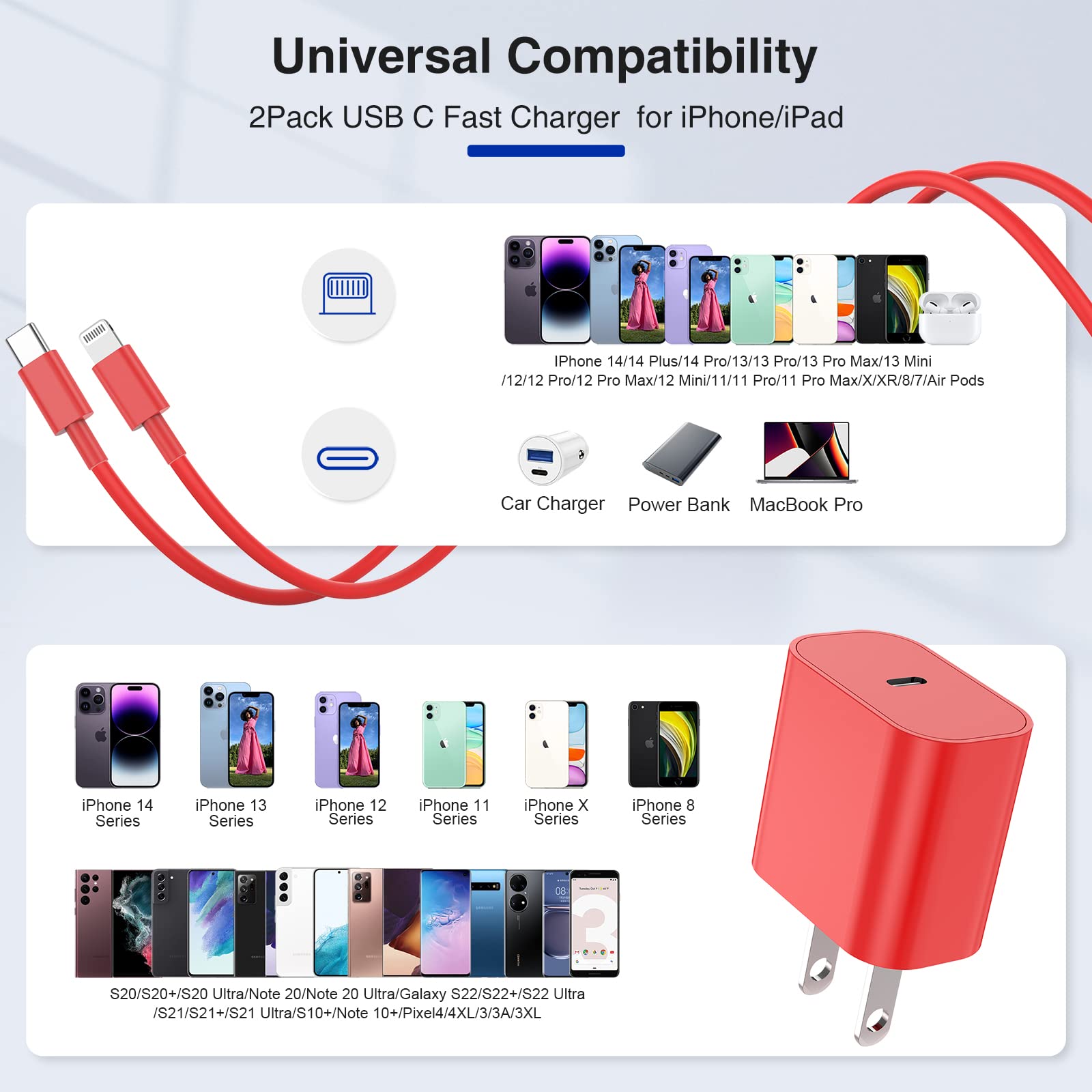 6ft Fast Charging USB C to Lightning Cable - 20W iPhone Charger Compatible with iPhone 14/13/12/11 Pro Max Plus & iPad - 2 Pack Red (Perfect for Home, Office, Travel & Car Charging)