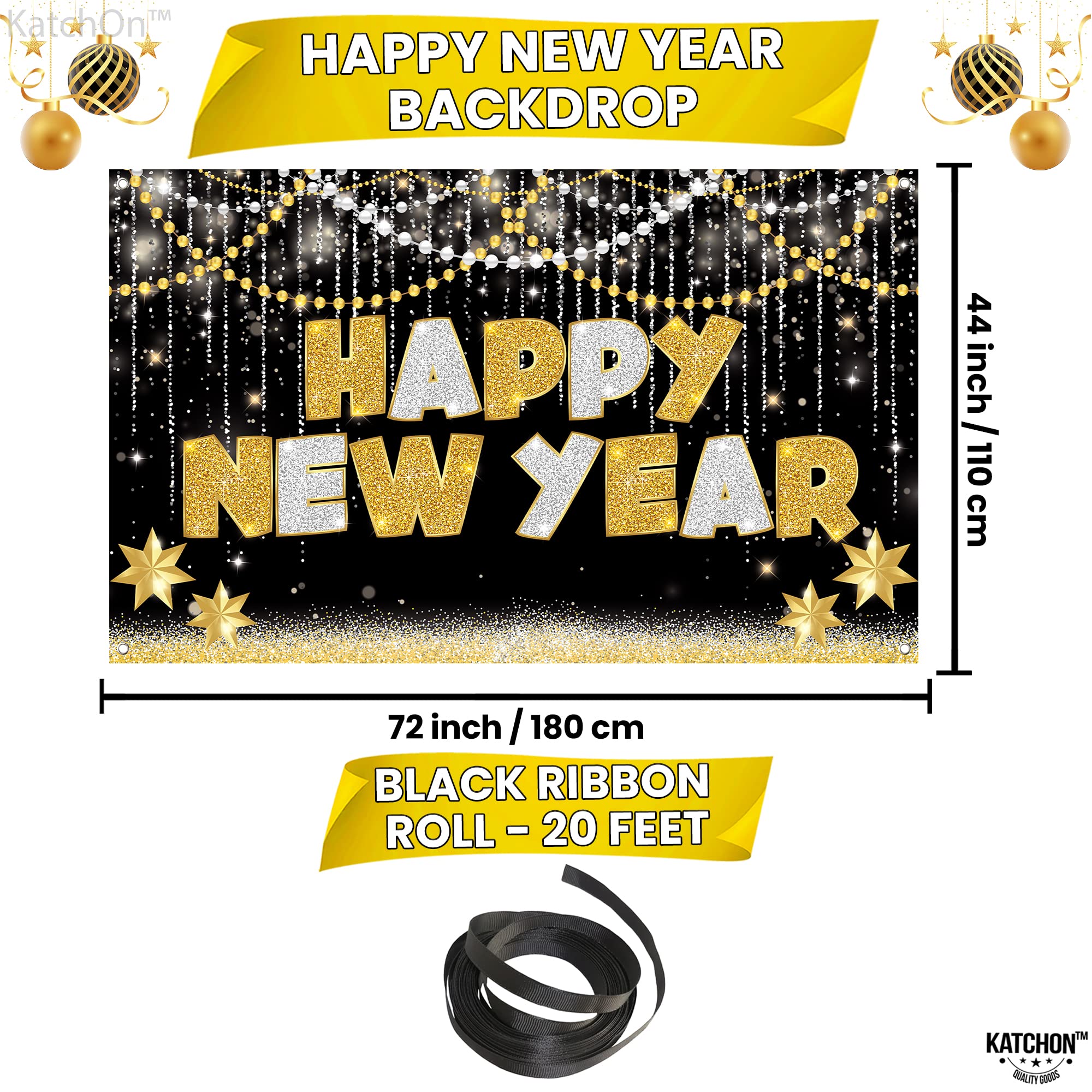 KatchOn Large Happy New Year Banner 72x44 Inch - 2025 New Year Decorations | NYE Party Backdrop & Supplies for New Year's Eve Celebrations | Perfect for Home, Office & Event Decor