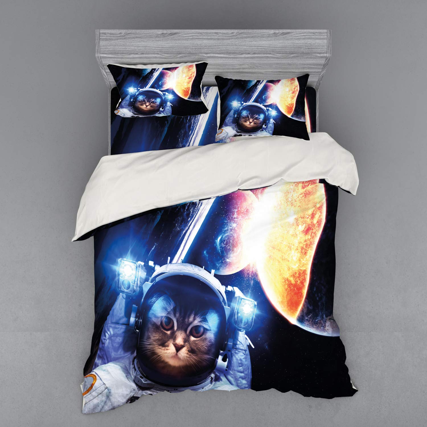 Ambesonne Space Cat Bedding Set - 4 Piece Queen Size Duvet Cover with Shams & Fitted Sheet, Kitten in Space Suit with Planets & Nebula Design, White Orange Dark Blue - Perfect for Kids' Room, Space Themed Bedroom & Sci-Fi Decor