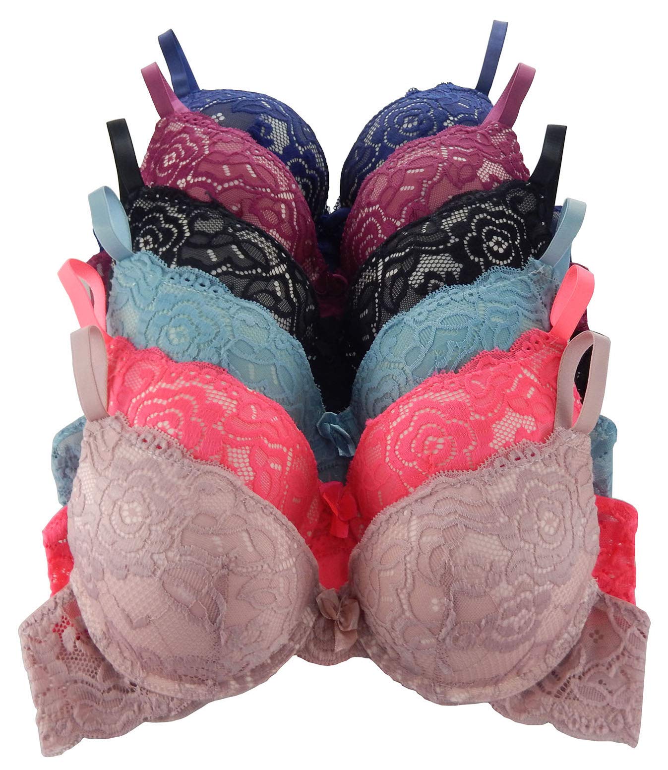 6 Pack Women's Double Pushup Lace Bras - B Cup & C Cup for Everyday Comfort & Sexy Look | Perfect for Date Night, Workout & Special Occasions