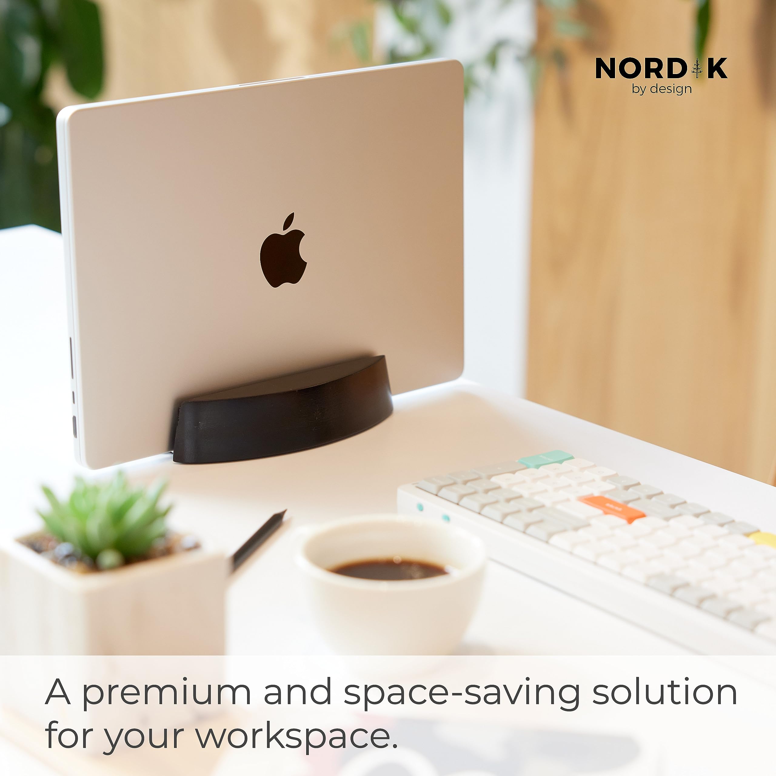 Nordik Vertical Laptop Stand - Premium Ergonomic Wooden Laptop Holder for MacBook, Dell, HP - Space Saving Desk Organizer for Home Office & Programmers - Non-Slip Stable Design for Better Posture (Perfect for Small Spaces & Dual Monitor Setups)