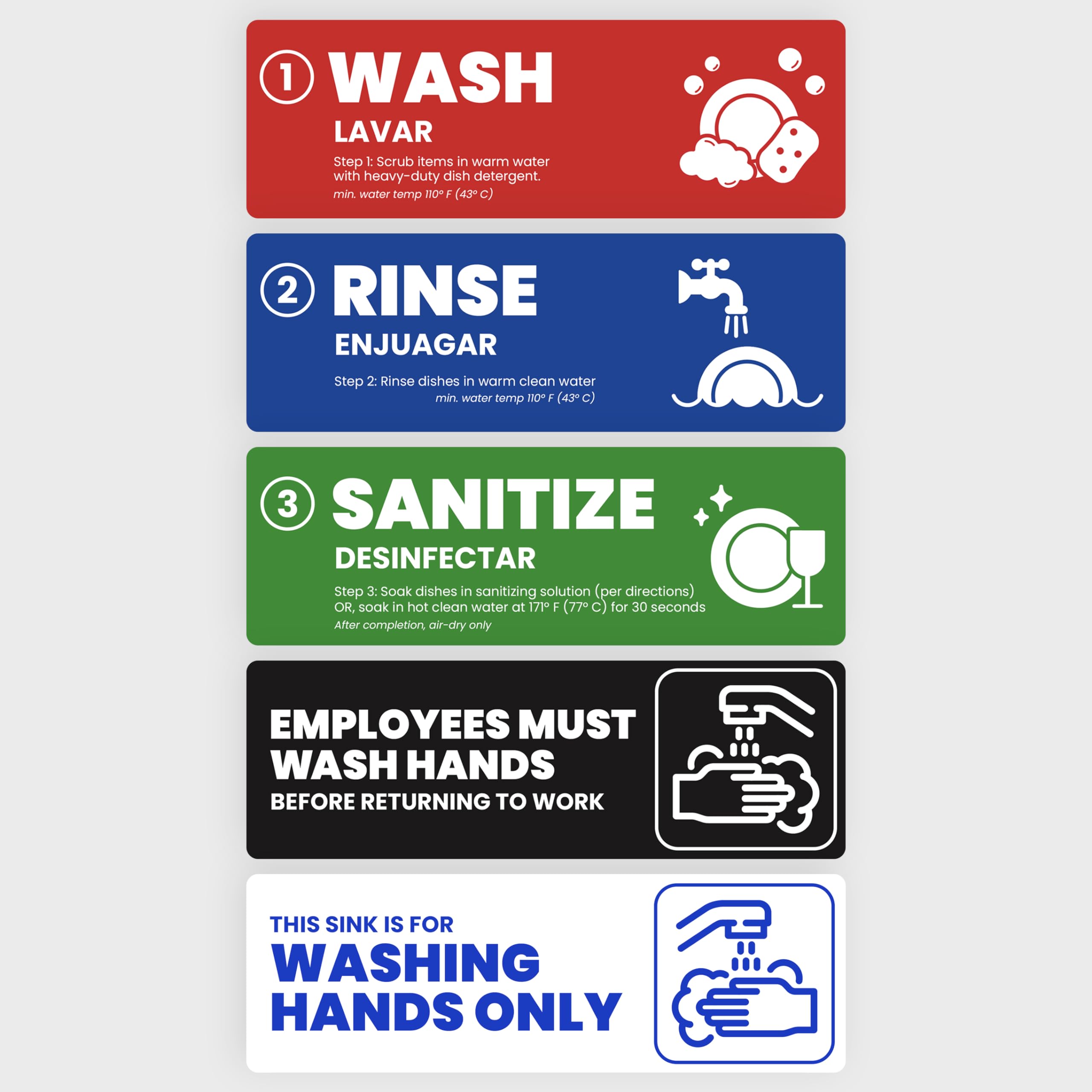 Premium Wash Rinse Sanitize Sink Labels - Hand Washing Signs for Restaurants & Food Service | 3 Compartment Sink Stickers | Dishwashing Training Labels | Employee Must Wash Hands Reminder (6 Pack, 2x6 Inch) - Perfect for Commercial Kitchens, Cafeterias & Food Safety Compliance