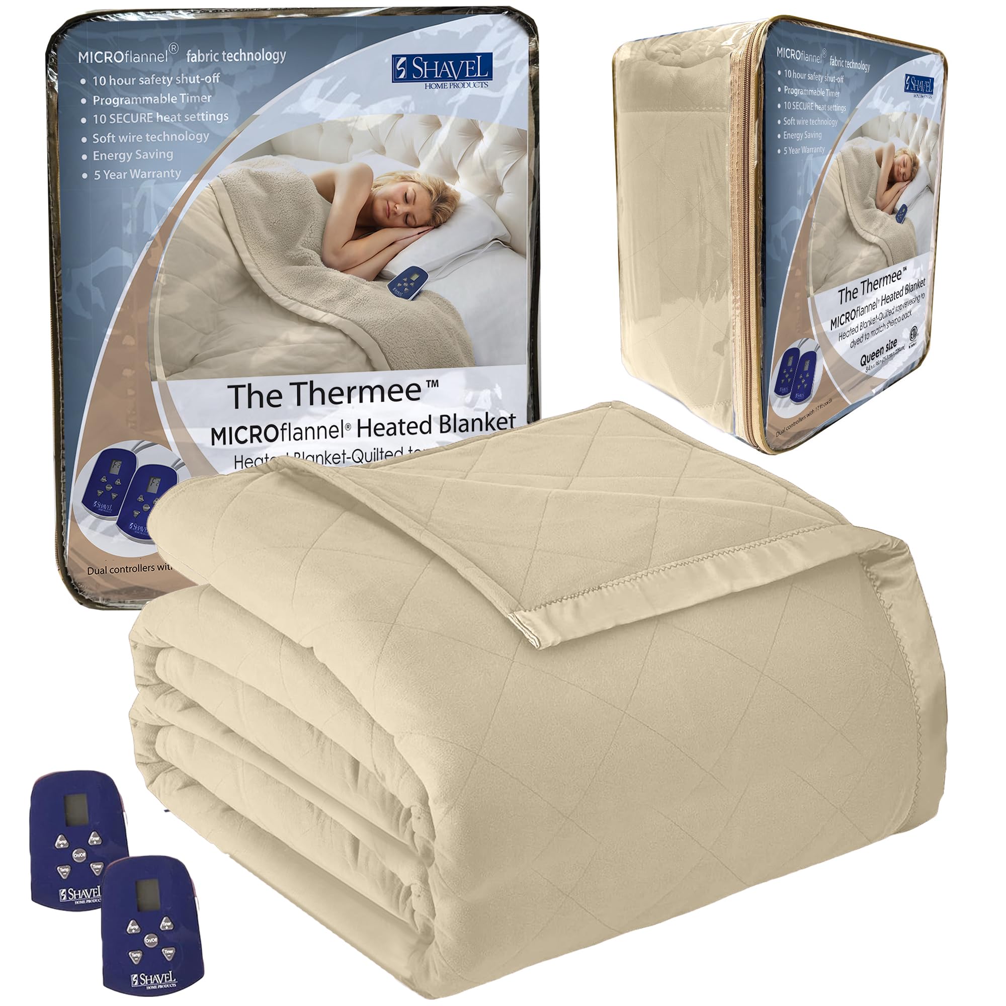 Premium Thermee Micro Flannel Heated Blanket Queen Size - 10 Heat Settings, Programmable Electric Warming Blanket, Ultra-Soft Fast Heating Throw for Home & Office Use - Perfect for Winter Nights, Cozy Lounging & Gift Giving - Tan