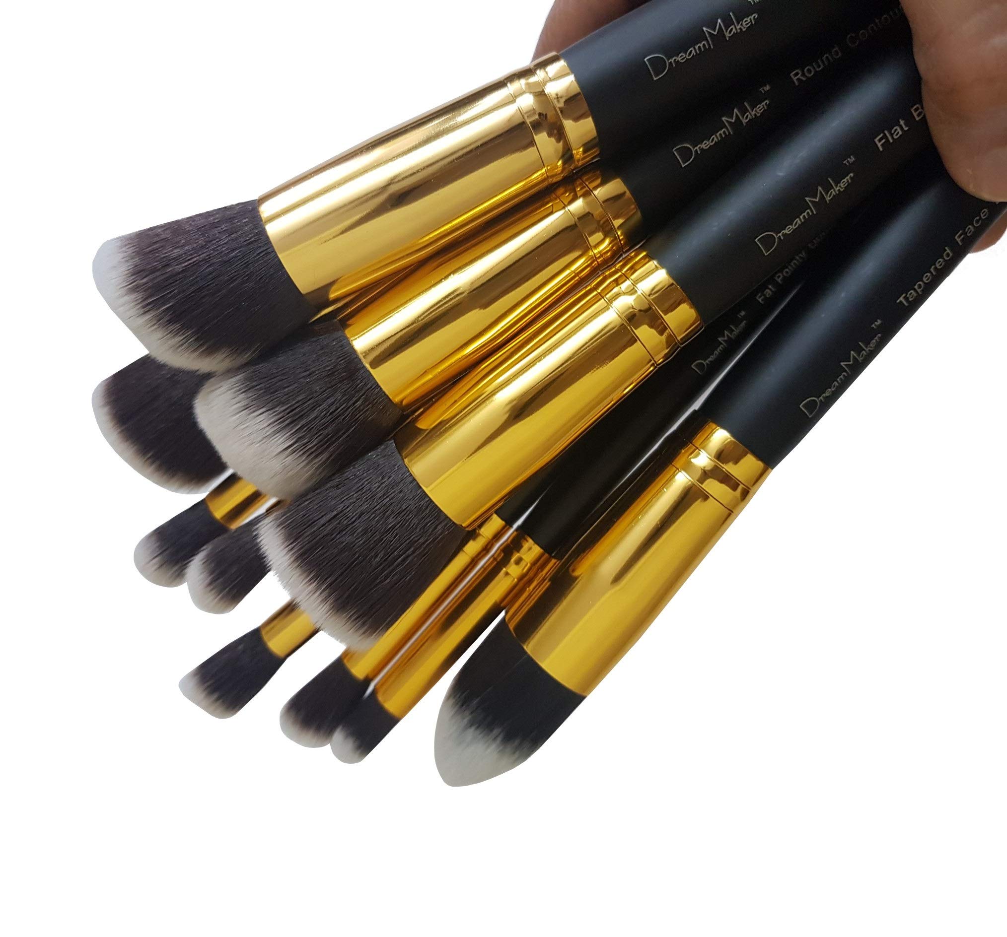 Dream Maker 10 Piece Professional Makeup Brush Set - Kabuki Foundation, Eyeshadow Blending, Buffing & Contour Brushes | Synthetic Bristles (Black & Gold) | Perfect for Makeup Artists & Beauty Enthusiasts