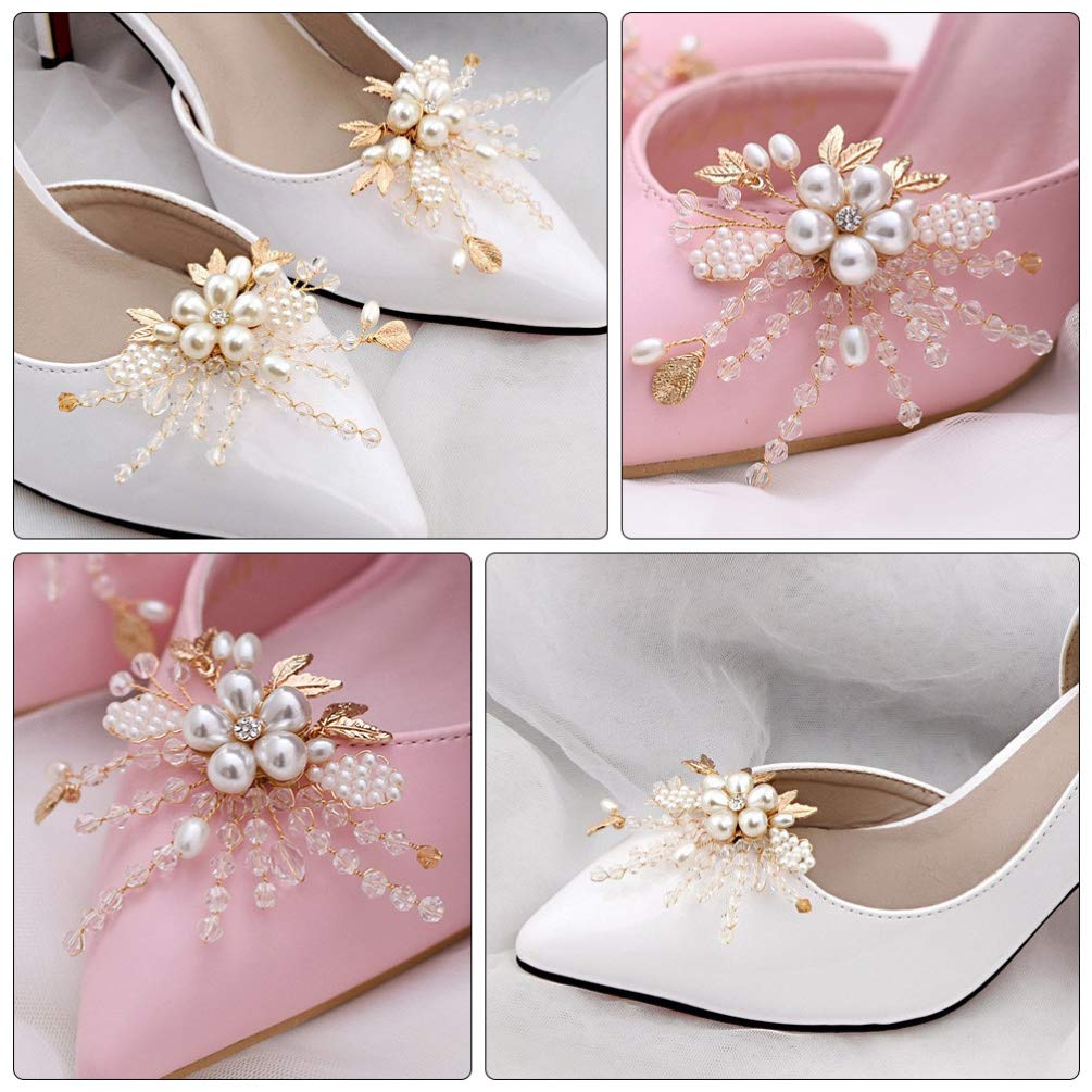 1 Pair Elegant Pearl & Rhinestone Shoe Clips - Crystal Bridal Shoe Buckles, Floral Shoe Charms for DIY Wedding Party Shoes Decoration - Perfect for Bridesmaids, Prom, and Formal Occasions