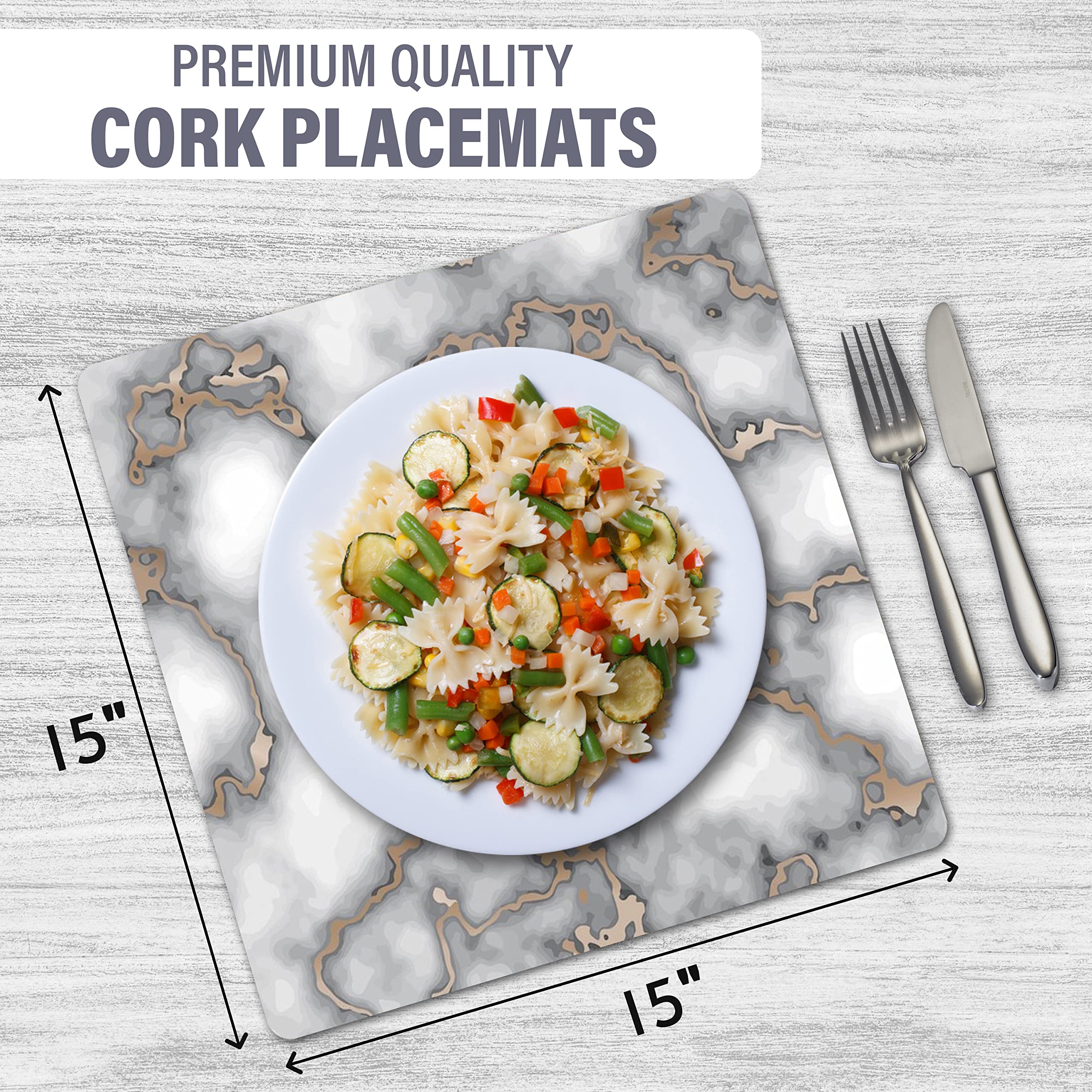 Elegant Smokey Gold Marble Square Cork Placemats - Heat Resistant & Non-Slip Dining Table Mats (15
