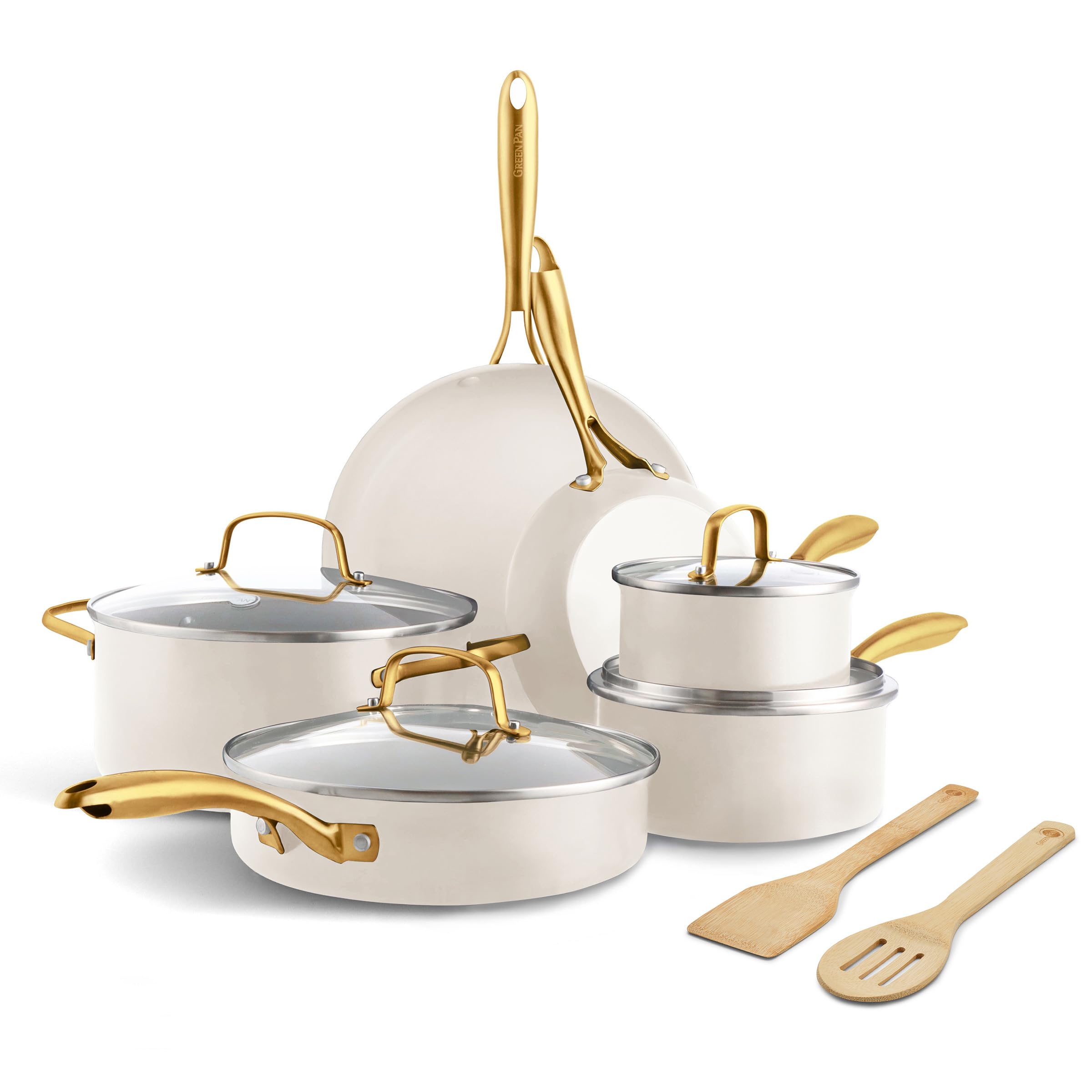 GreenPan Swift 12-Piece Nonstick Cookware Set - PFAS & PFOA-Free Ceramic Coating, Gold Stainless Steel Handles, Oven & Dishwasher Safe - Healthy Kitchen Essentials for Frying, Boiling & Baking (Cream Color)
