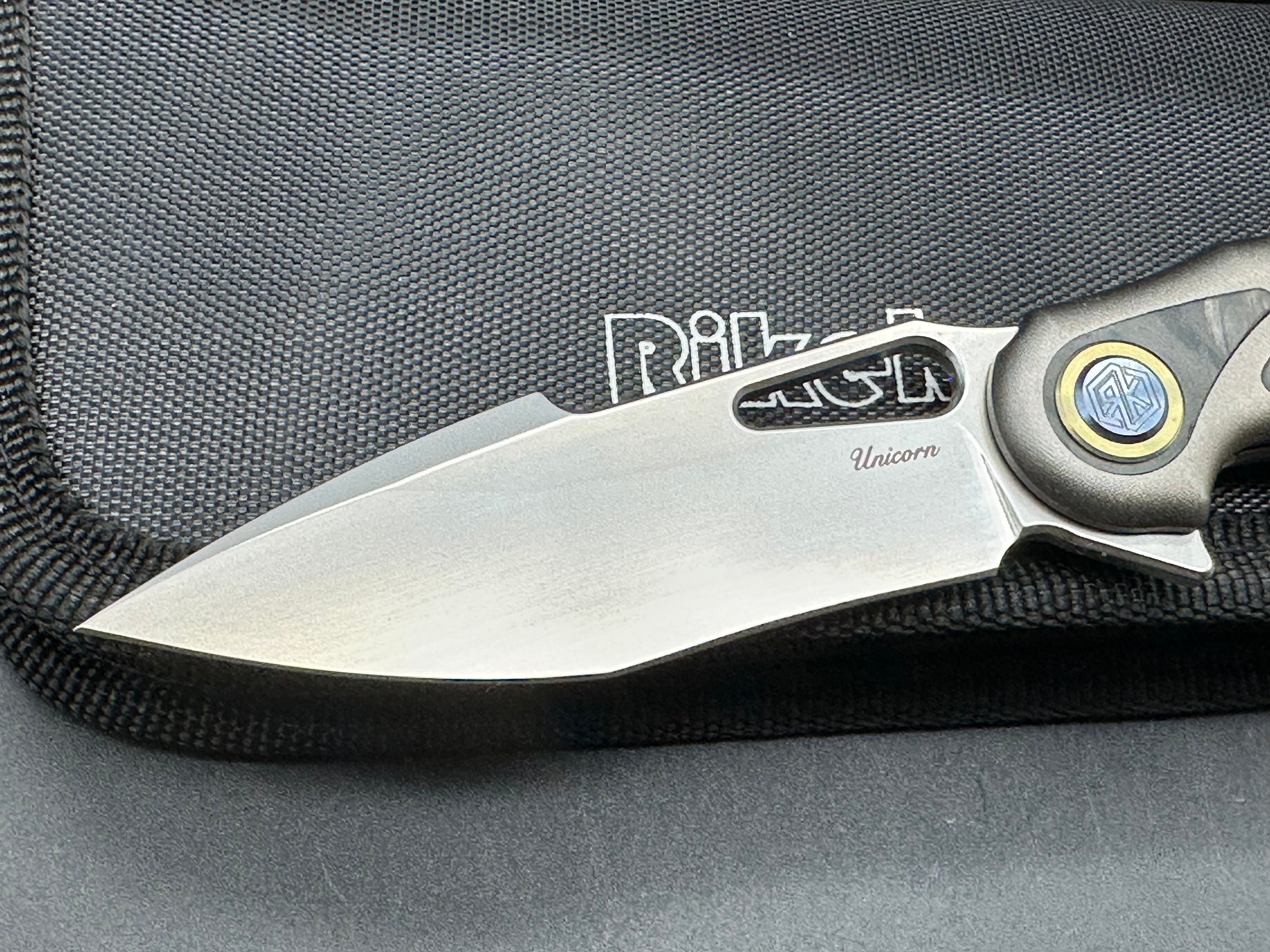 Rike Knives Unicorn Folding Pocket Knife - M390 Steel Blade, Black/Blue Carbon Fiber Handle - EDC, Outdoor, Camping, Hunting, Survival Gear