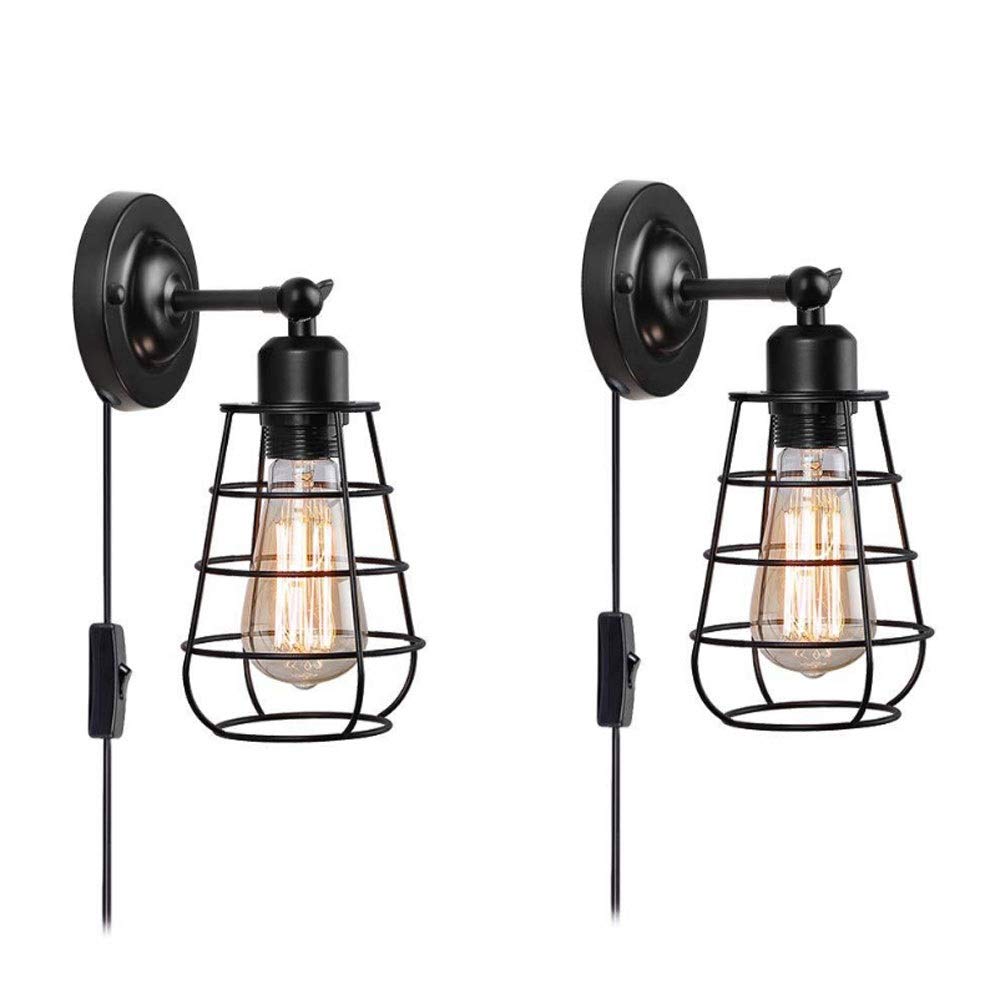 Vintage Industrial Wall Sconce - Wrought Iron Cage Wall Lamp with E27 Socket for Edison Bulbs, Living Room/Corridor/Staircase Lighting Fixture, Black Retro Indoor Outdoor Porch Light