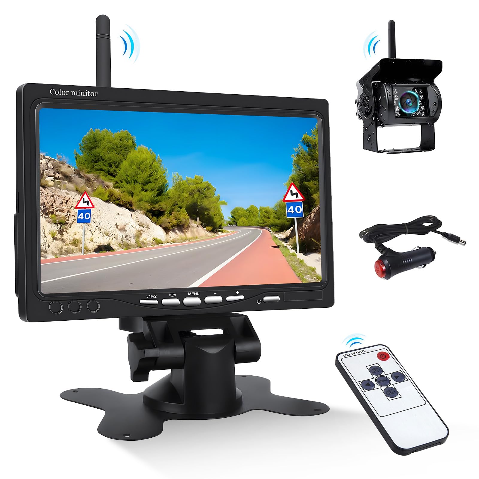 Liehuzhekeji Wireless Car Backup Camera and Monitor Kit - 7 Inch HD LCD Display, Waterproof Night Vision Rear View Camera, Parking System with Car Charger for 12V-24V Vehicles (Truck, RV, Trailer, Camper, Bus) - Perfect for Safe Reversing and Parking in Low Light Conditions