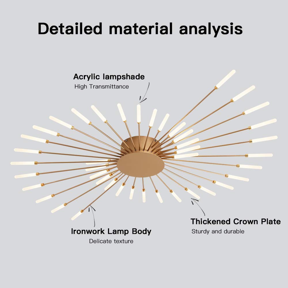 Modern Flower Shape Ceiling Light - Flush Mount LED Lighting Fixture for Living Room & Dining Room - Metal Acrylic Sputnik Firework Petal Design (Matte Gold, 42 Lights) - Perfect for Home Decor, Bedroom Lighting, and Office Spaces
