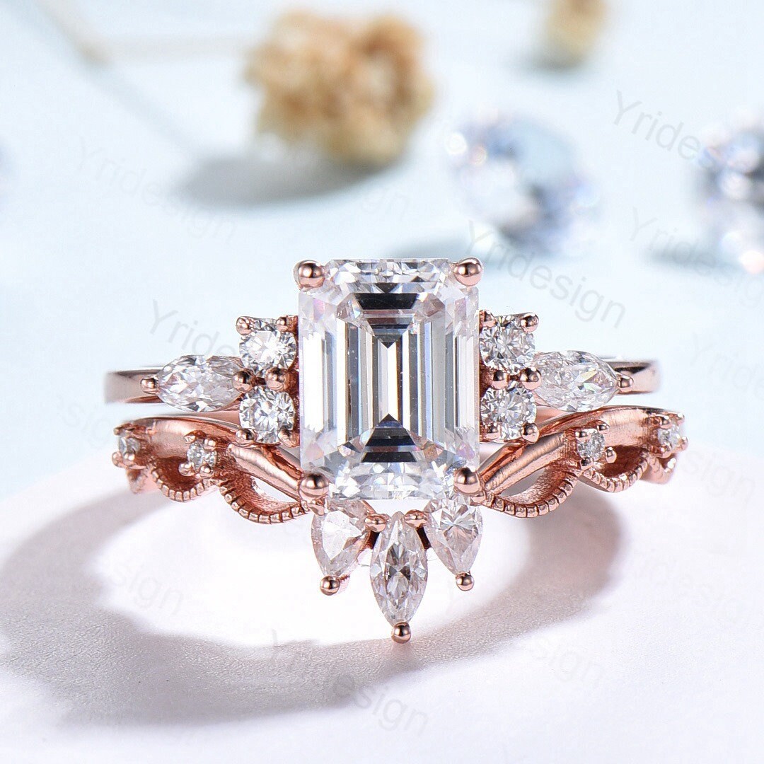 Handmade Custom Bridal Set - 2Pcs 6x8mm Emerald Cut Moissanite Engagement & Wedding Ring Set - Vintage Promise Stacking Rings for Women - Perfect for Proposals, Anniversaries & Bridal Jewelry Gifts