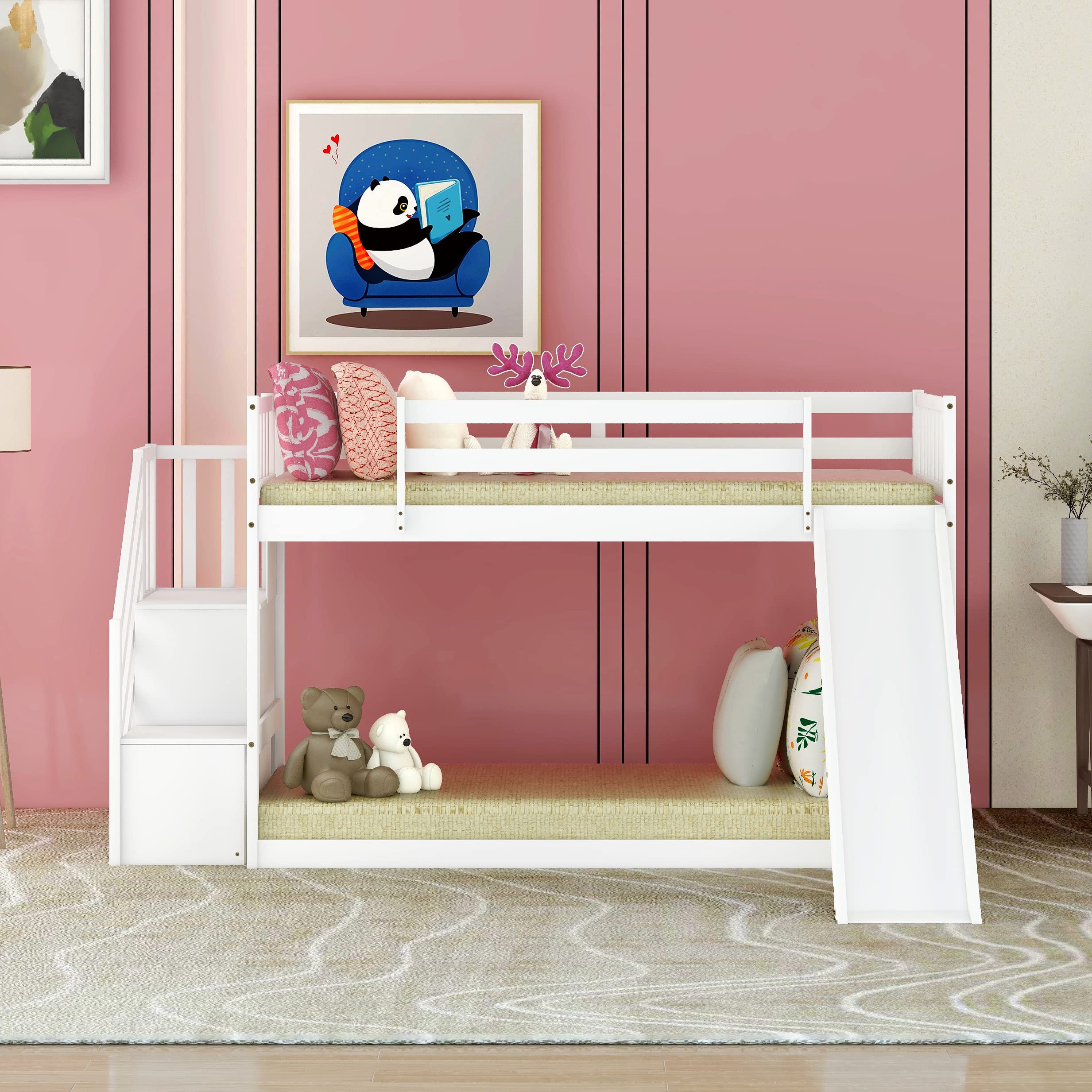 Harper & Bright Designs Twin Bunk Bed for Kids - Wooden Low Bunk Bed with Slide & Stairway - White - Perfect for Kids' Bedroom, Playroom & Space-Saving Solutions