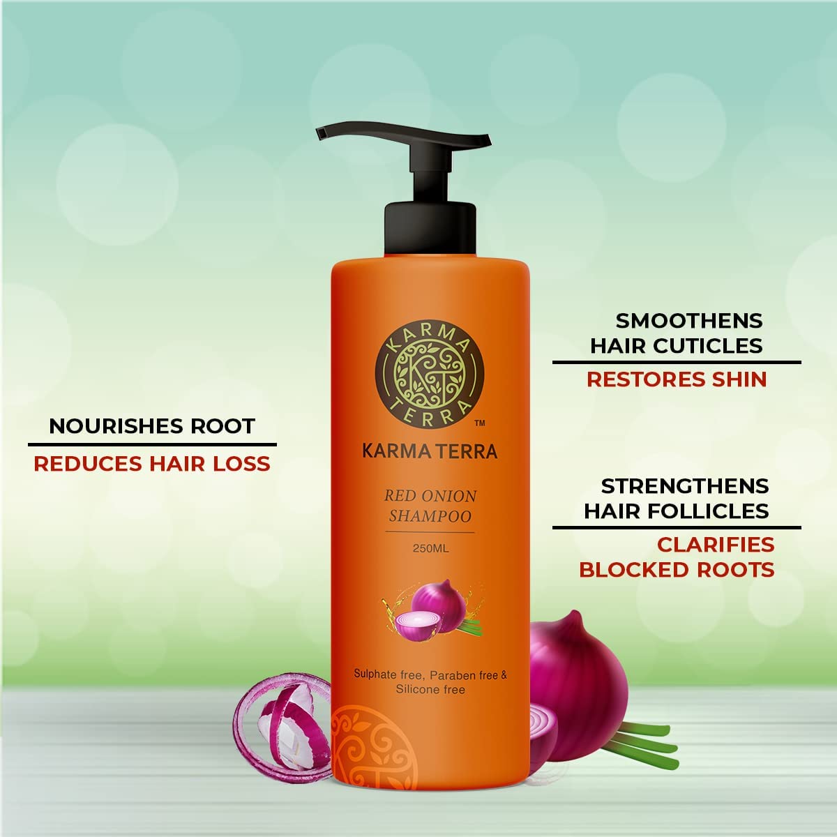 KARMA TERRA Professional Red Onion Shampoo for Hair Growth & Hair Loss Prevention - Natural Red Onion Seed Oil & Black Seed Oil Extract, Chemical-Free Formula (250ml) - Ideal for Thinning Hair & Scalp Care