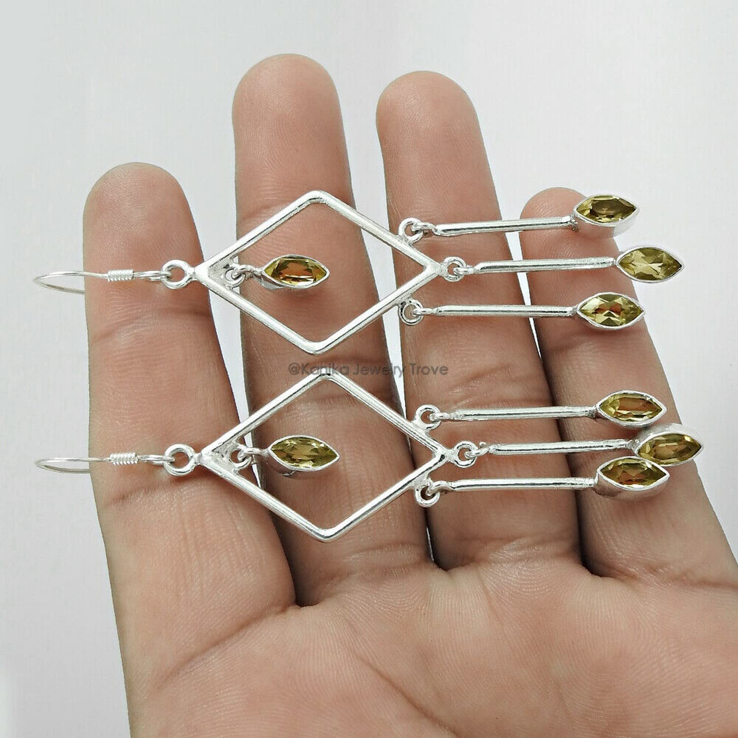 925 Sterling Silver Handmade Dangle Hook Earrings with Rhombus Natural Citrine Gemstone - Elegant Women's Jewelry for Party, Wedding & Everyday Wear
