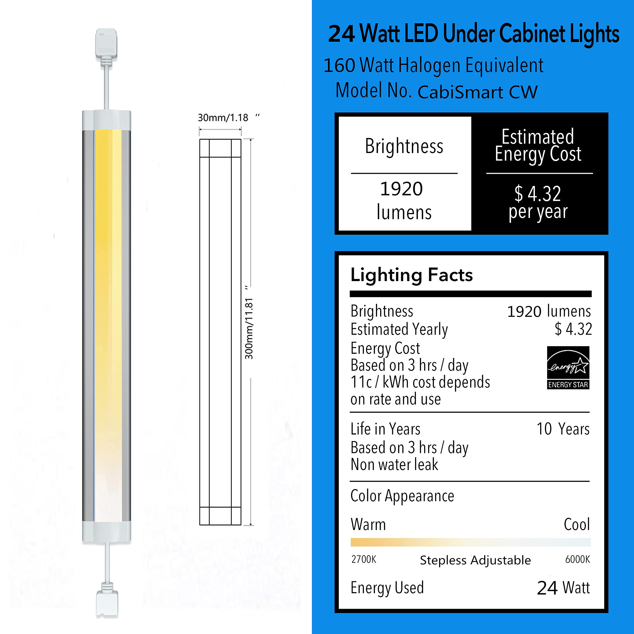 Smart LED Under Cabinet Lighting Dimmable Strip Lights - 6 Pack, Warm/Daylight/Cool White Adjustable, Alexa & Google Assistant Compatible, Phone App Control - Perfect for Kitchen, Cupboard, Shelf, Countertop, and Closet Lighting