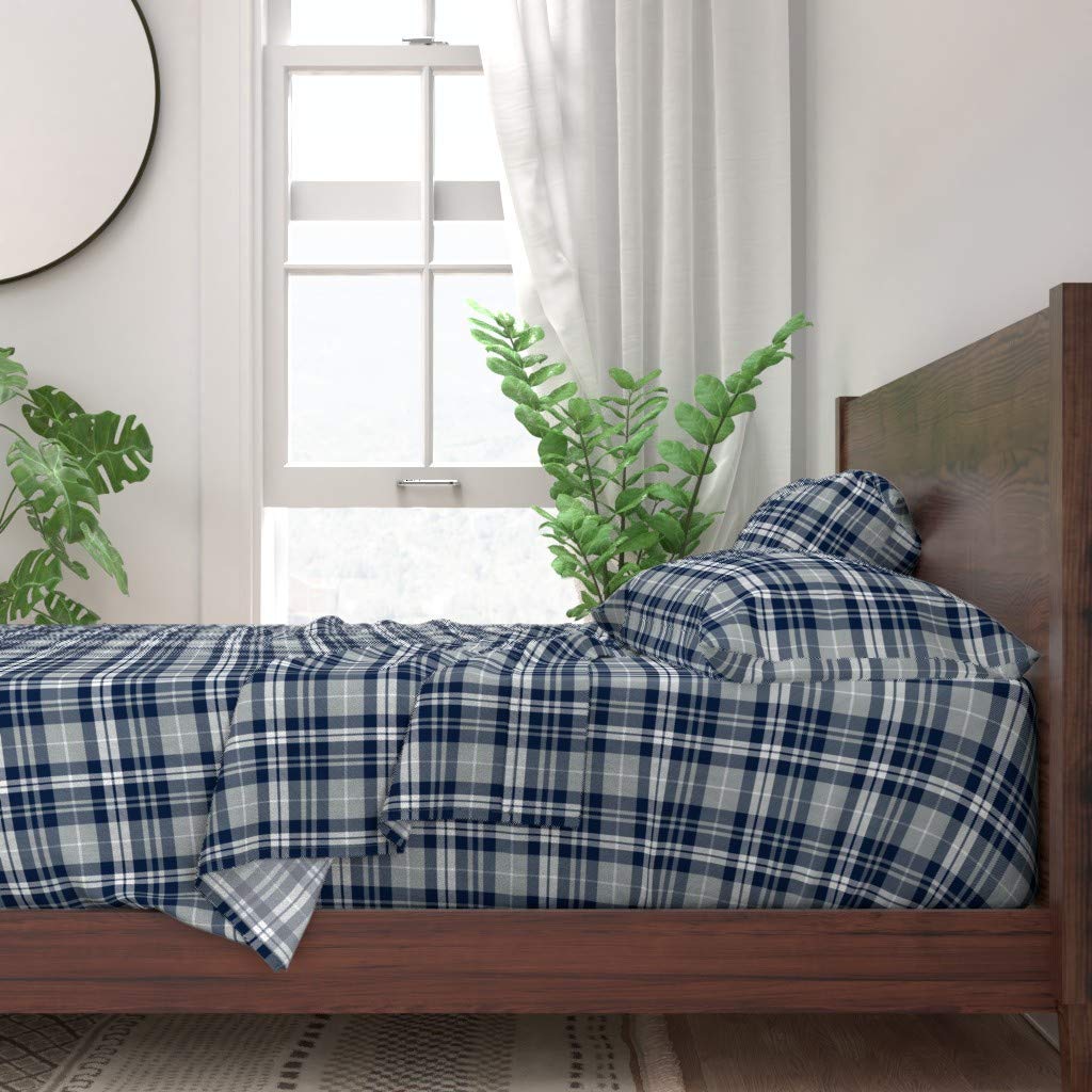 Spoonflower 100% Cotton Twin Sheet Set, 3-Piece Plaid Nursery Bedding - Navy Grey White Tartan Print for Boys, Rustic Farmhouse Style | Perfect for Baby Room, Kids Bedroom & Cozy Home Decor