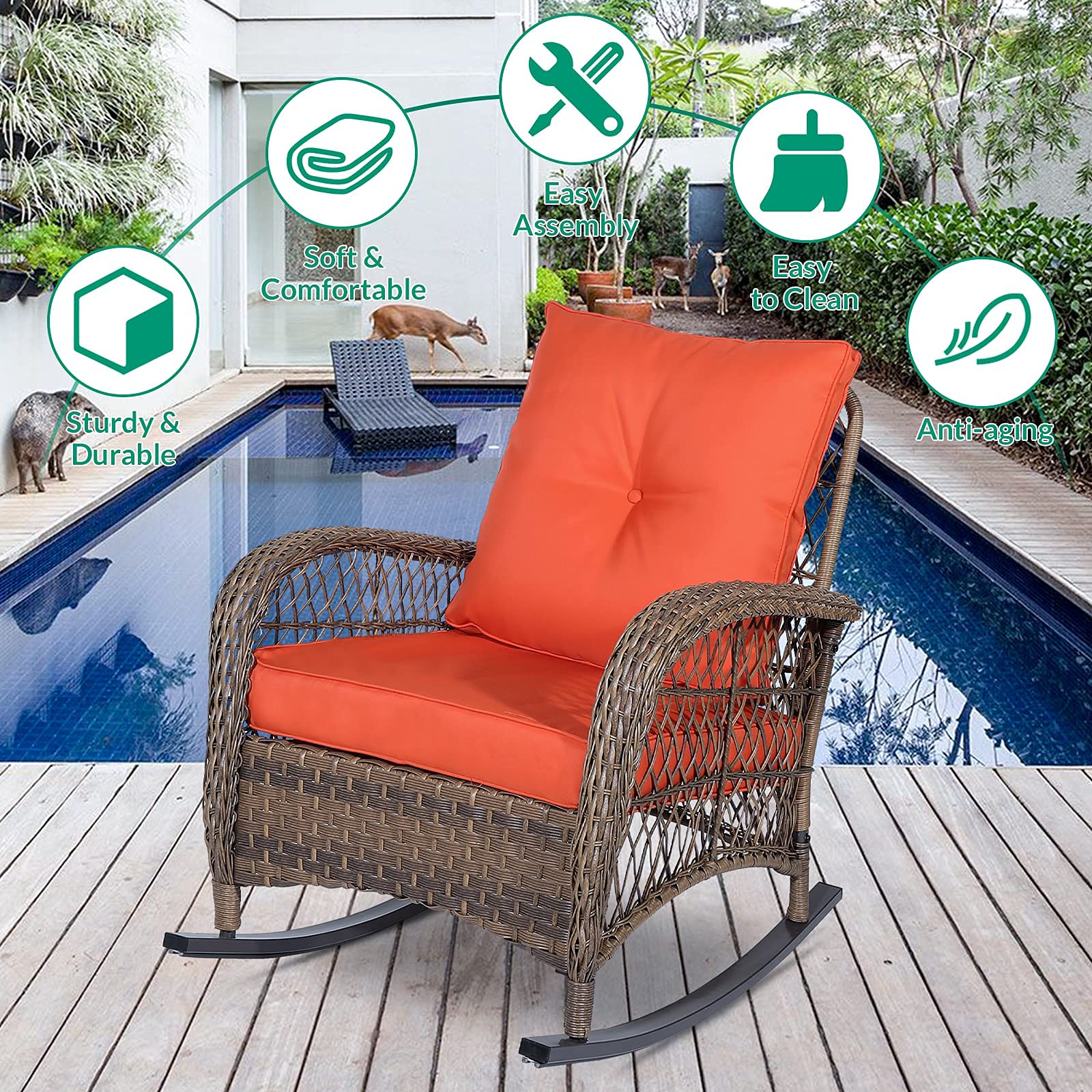 VIVIJASON All-Weather Outdoor Wicker Rocking Chair with Cushions - Patio Rattan Rocker Chair with Durable Steel Frame - Comfortable Garden Backyard Porch Furniture for Relaxing (Orange) - Perfect for Sunbathing, Reading & Enjoying Morning Coffee