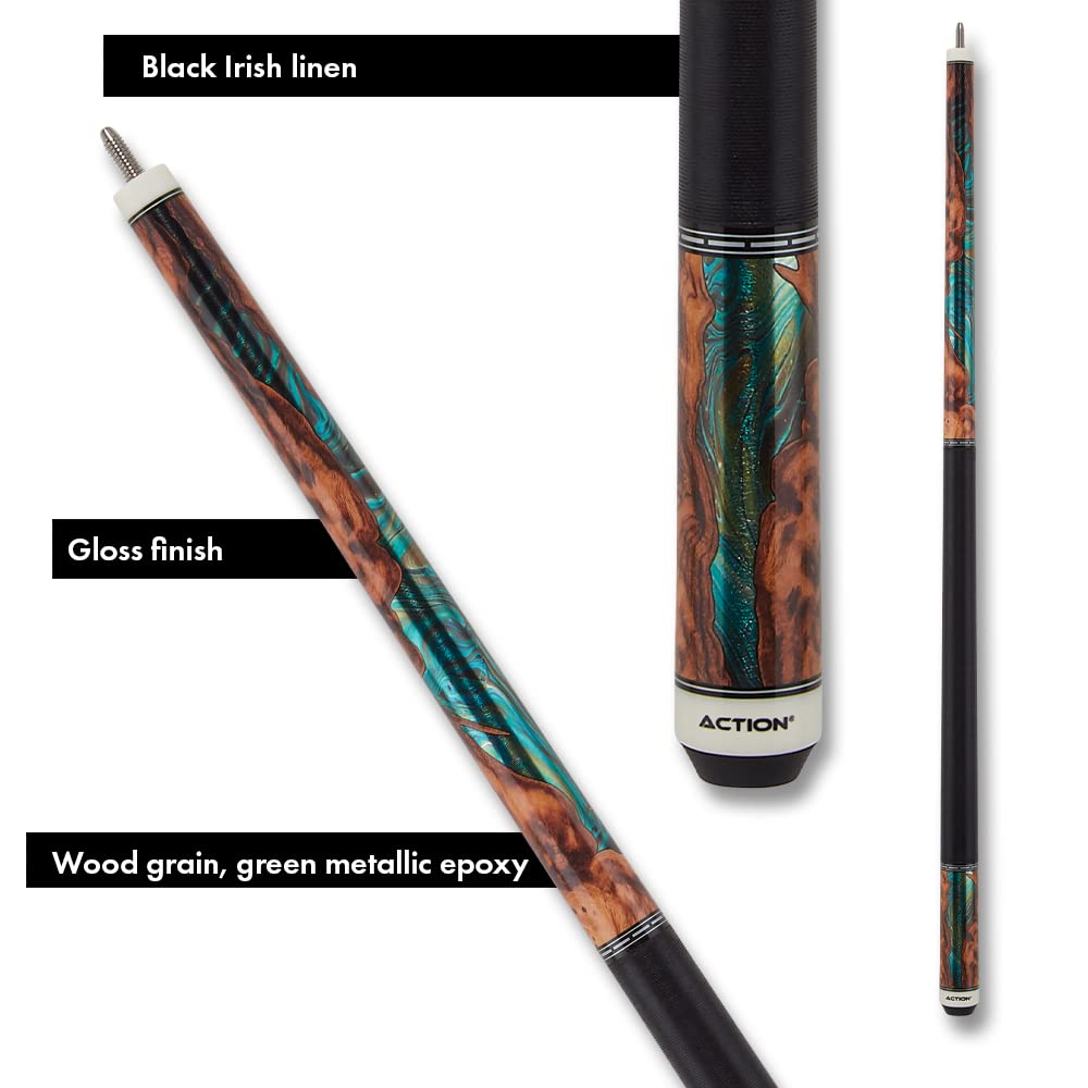 Premium Action Fractal Billiards Pool Cue Stick - Exotic Burl Wood with Green Foil Inlay | Professional Tournament & Home Game Accessory