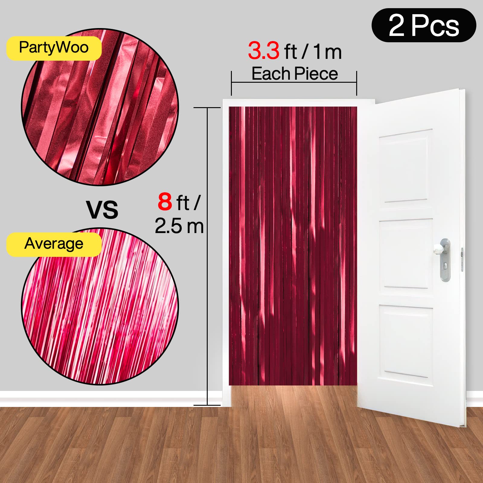 PartyWoo Retro Red Foil Curtains - 2 Pack 3.3x6.6 ft Dark Red Fringe Backdrop for Birthday, Christmas & Holiday Decorations | Shimmering Tinsel Door Decor, Photo Booth Background, Wedding & Party Streamers