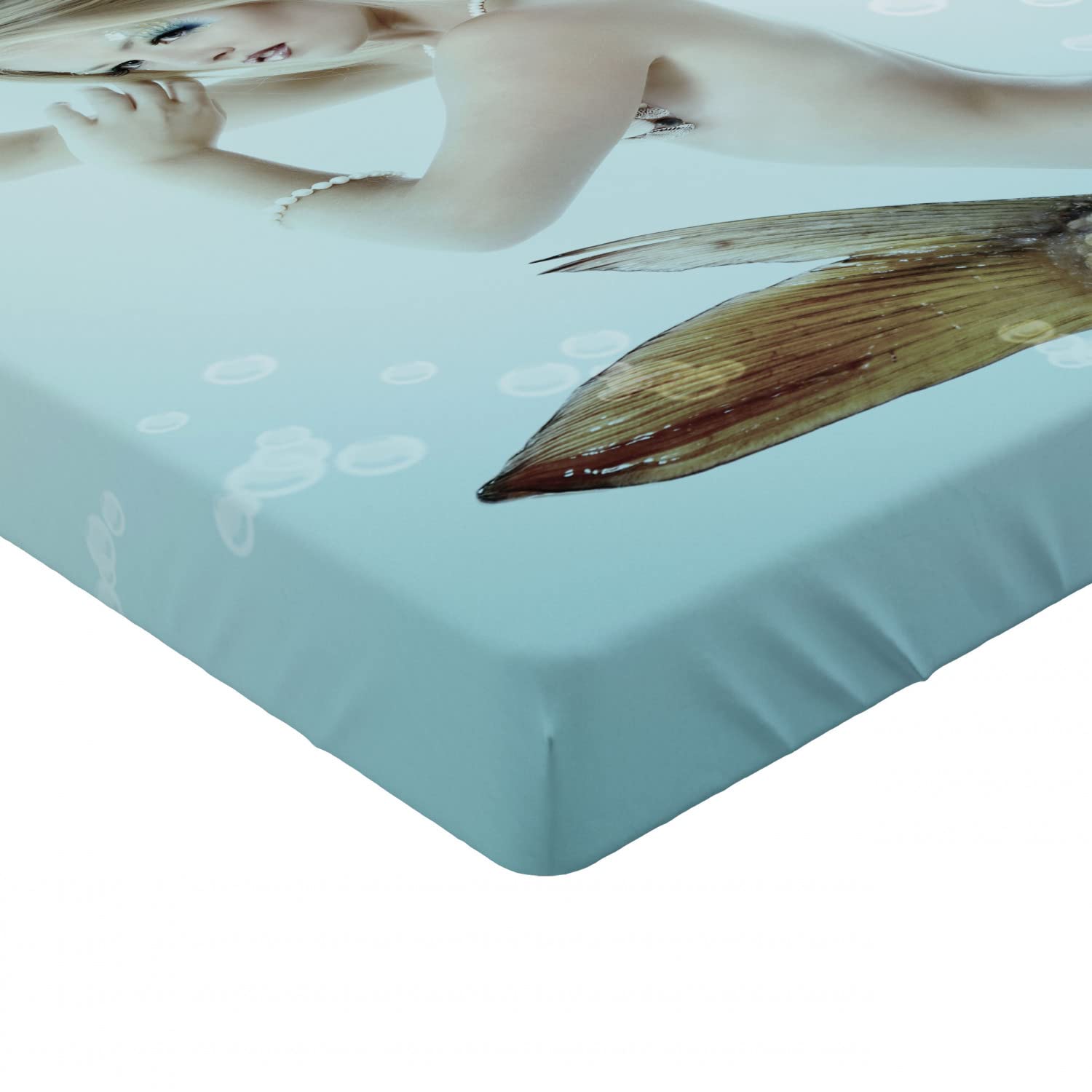 Ambesonne Mermaid Fitted Sheet - Underwater Themed Art Print with Floating Girl & Water Bubbles, Deep Pocket All-Around Elastic Twin XL Bed Cover in Seafoam Beige & Brown | Perfect for Kids' Rooms, Beach-Themed Decor & Mermaid Lovers