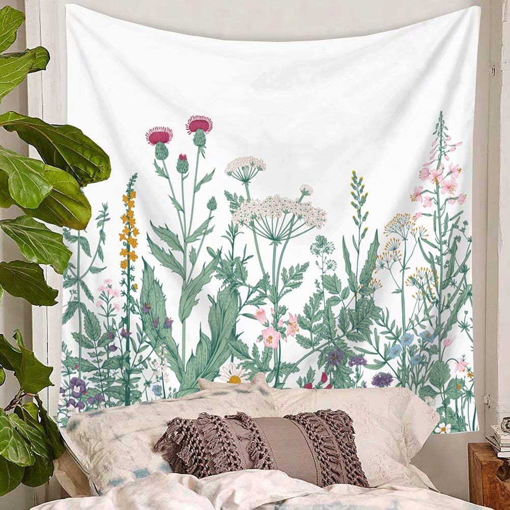 TSDA Floral Botanical Tapestry - Wildflower Herbs Plant Wall Hanging Decor for Bedroom, Dorm, Living Room - Large 79 x 59 Inch Bohemian Aesthetic Tapestry - Perfect for Home Decor, Yoga Studio & Festival Backdrop