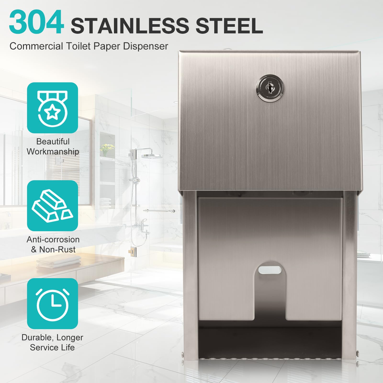 Commercial Toilet Paper Dispenser - Histely Double Roll Stainless Steel Toilet Paper Holder with Lockable Design & 2 Keys, 304 Waterproof Wall Mount Bathroom Tissue Dispenser for Restrooms, Hotels, Offices & Public Washrooms