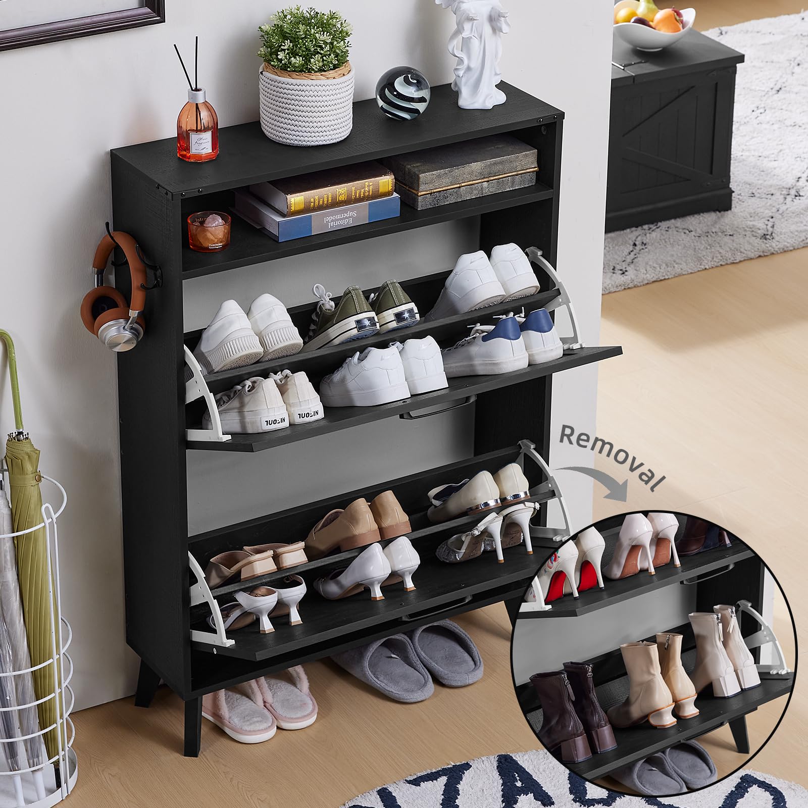Farmhouse Shoe Storage Cabinet with 2 Flip Drawers - Narrow Entryway Organizer with Wooden Legs & Open Storage - Free Standing Closet for Foyer, Hallway, Bedroom - Perfect for Small Spaces & Home Organization (Black)