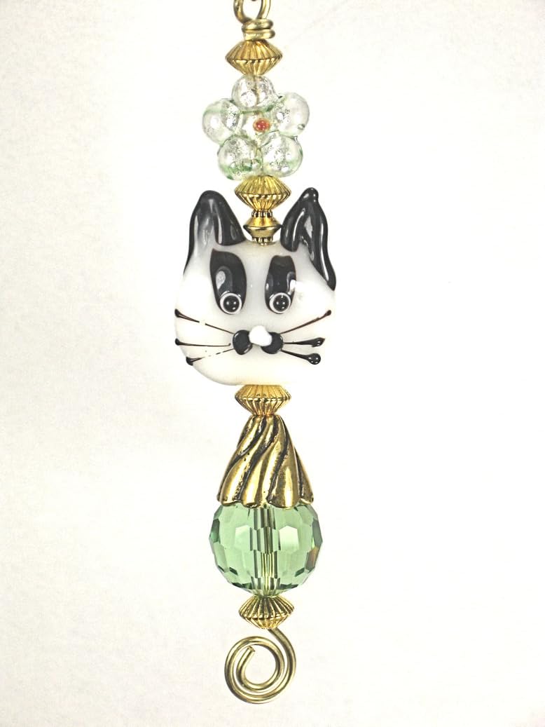 Handmade Kitty Cat Lampwork Glass Ceiling Fan Pull - Green Light for Home Decor | Perfect for Bedroom, Living Room & Nursery