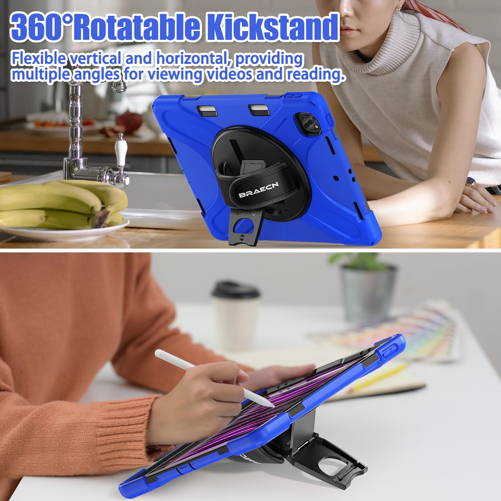 BRAECN Shockproof Protective Case for Apple iPad Air 13 inch & iPad Pro 12.9 inch (6th/5th/4th/3rd Gen) - Kids Friendly iPad Cover with Pencil Holder, 360° Rotating Stand, Hand Strap & Shoulder Strap in Blue - Perfect for School, Travel & Home Use