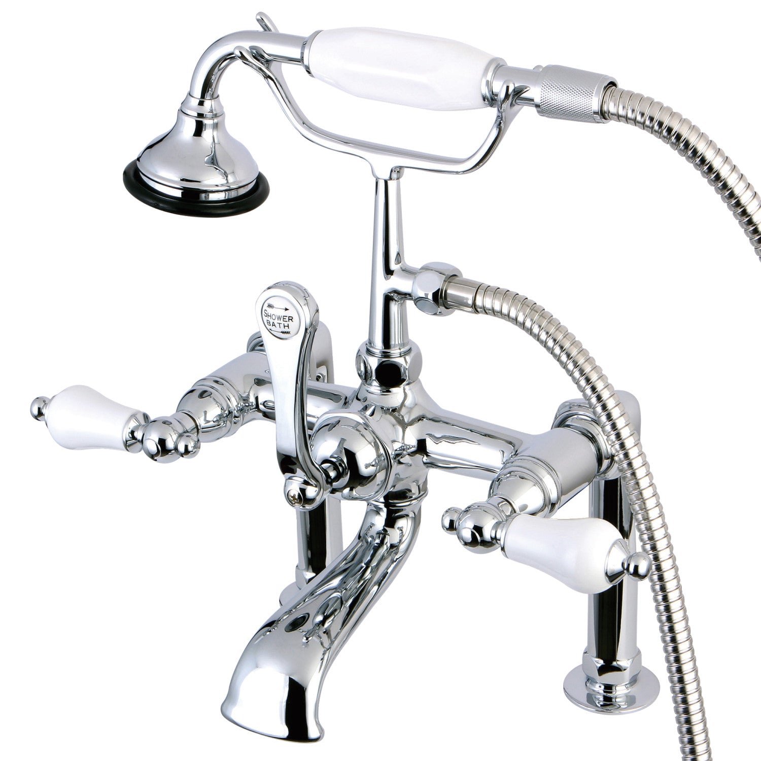 Vintage Clawfoot Tub Faucet with Hand Shower - 3 Handle 2 Hole Deck Mount Bathroom Fixture in Polished Chrome - Perfect for Antique Style Bathrooms & Spa Retreats
