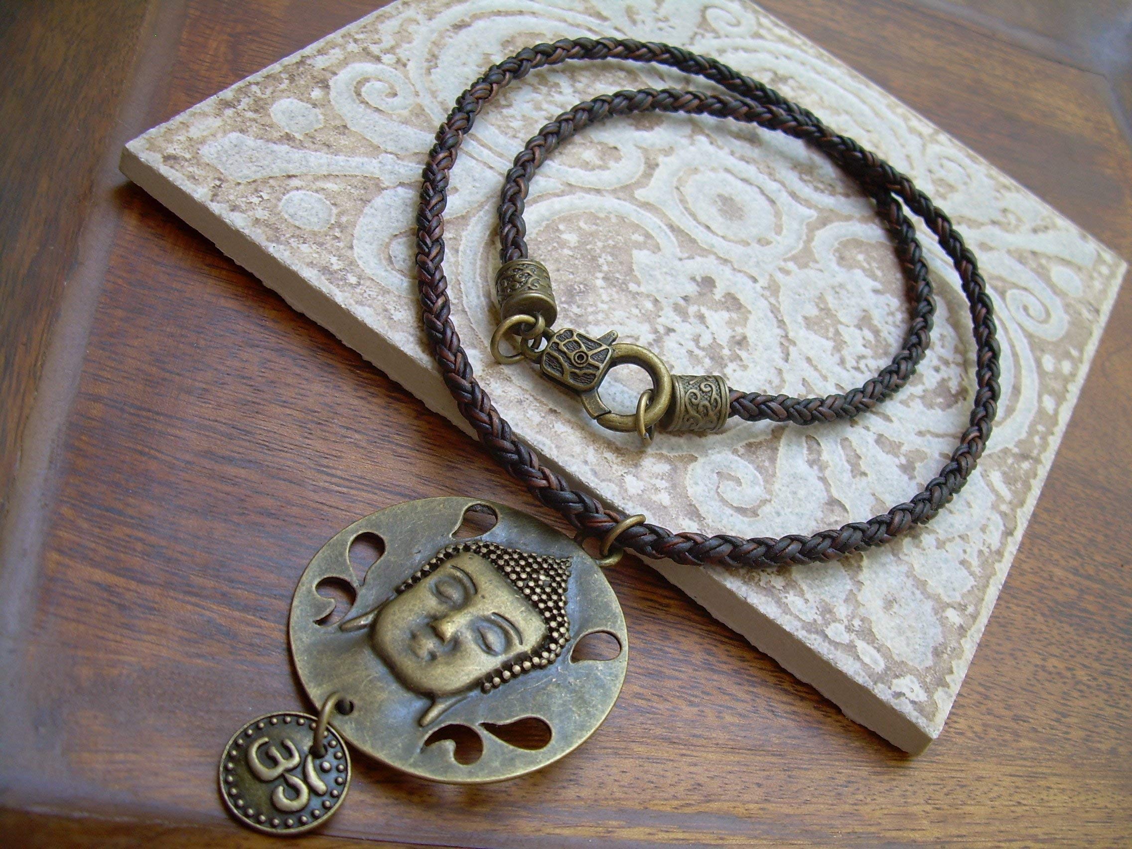 Long Braided Leather Necklace with Buddha Om Pendant Charm – Spiritual Jewelry for Meditation, Yoga & Boho Fashion