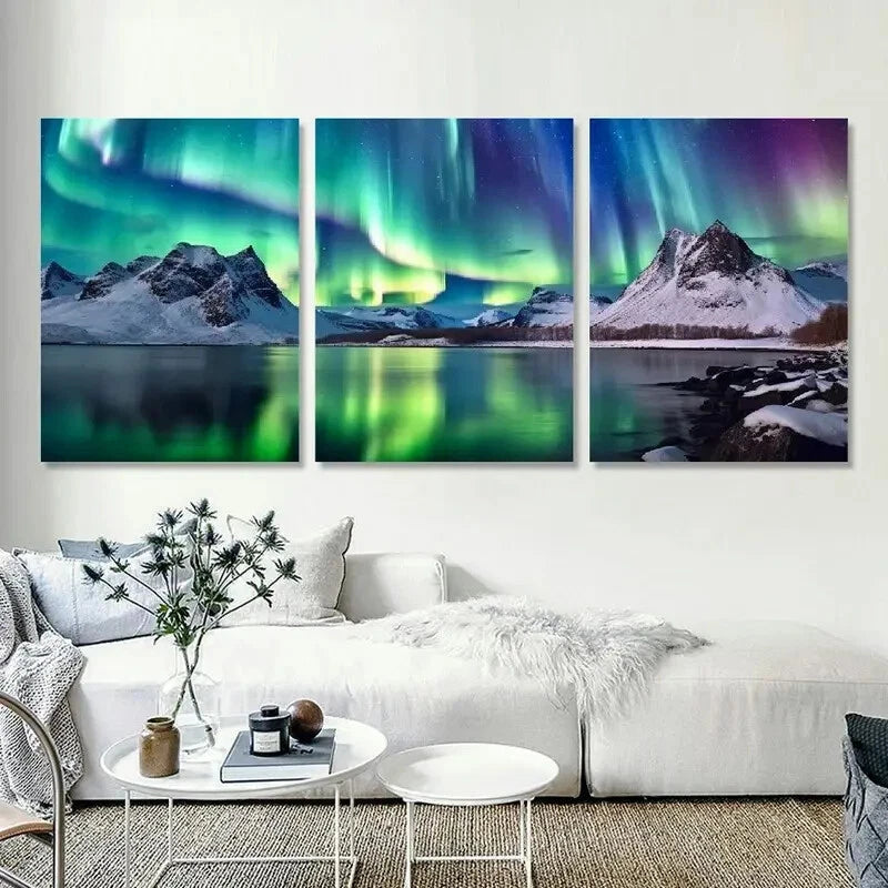 3-Piece Aurora Borealis Mountains Lake Wall Art Set - Framed Canvas 50x70cm (20x28in) - High Quality Print - 100% Australian Made - Ready to Hang - Perfect for Living Room, Bedroom & Office Decor