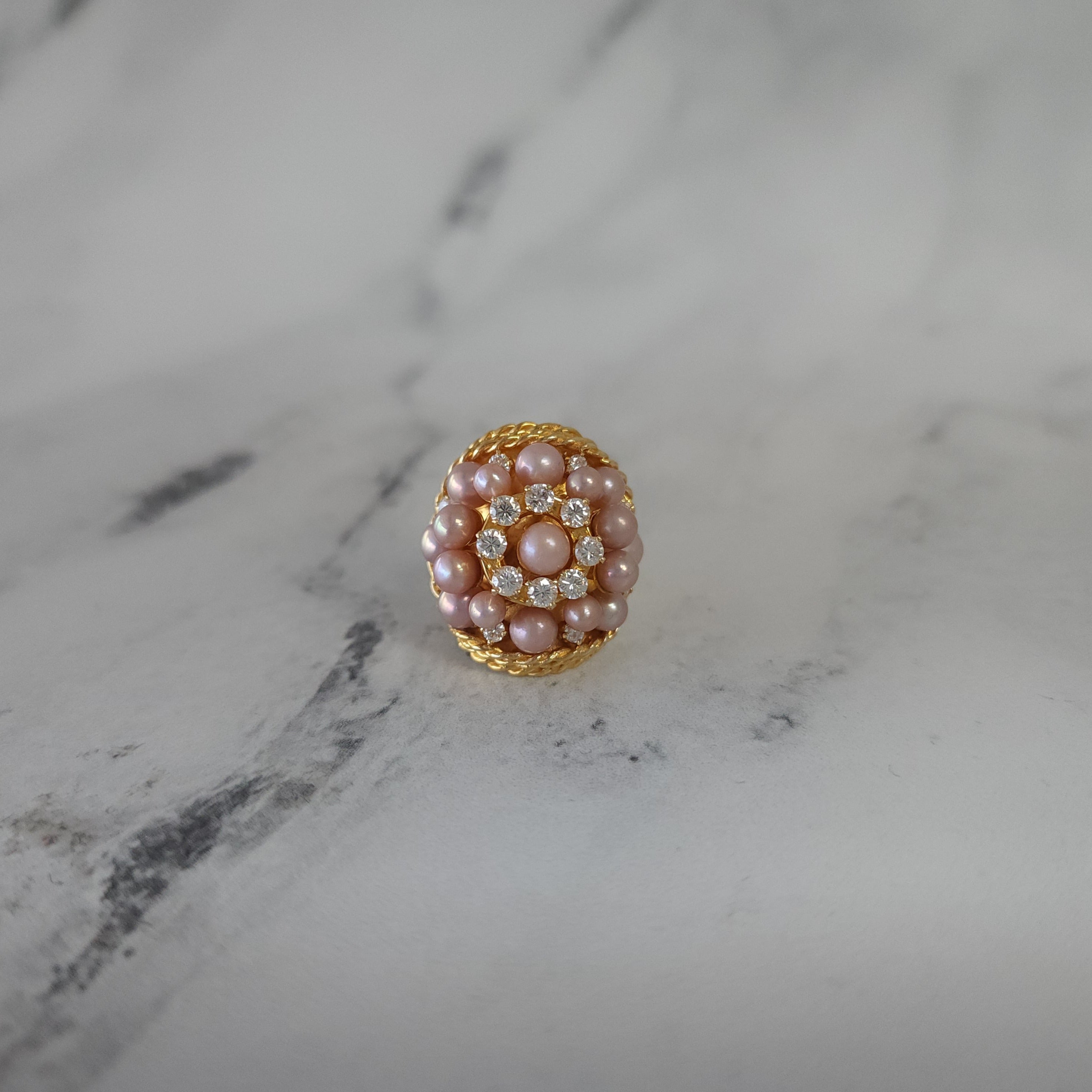 Elegant Pink Pearl & Diamond Triple Halo Cocktail Ring with Rope Design - Perfect for Evening Parties, Weddings & Special Occasions